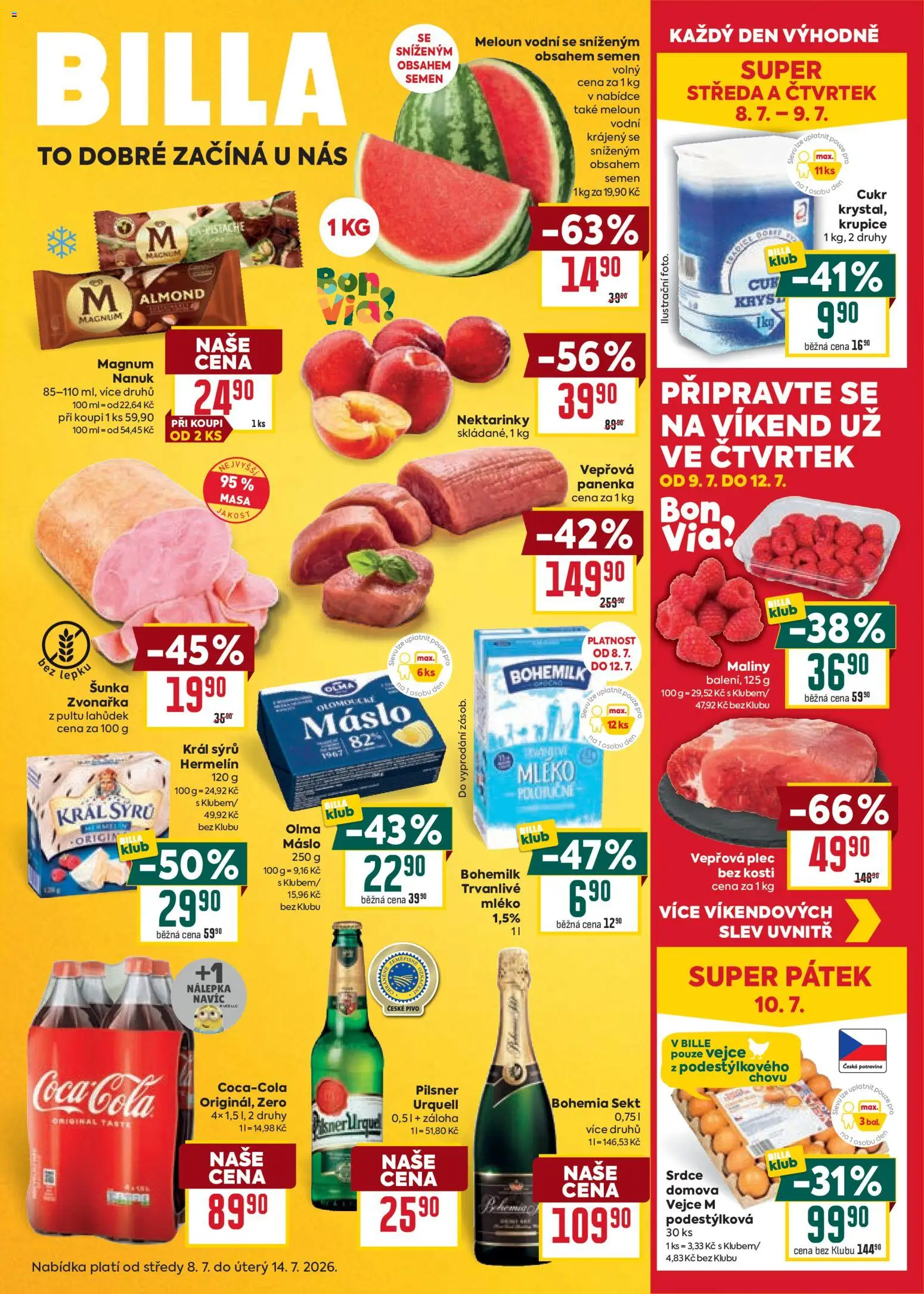 Náhled nabídky: Billa Billa Velký leták platný od 08.07.2026 - Panenka, Meloun, Cukr, Hermelín, Krupice, Pilsner, Maliny, Sekt