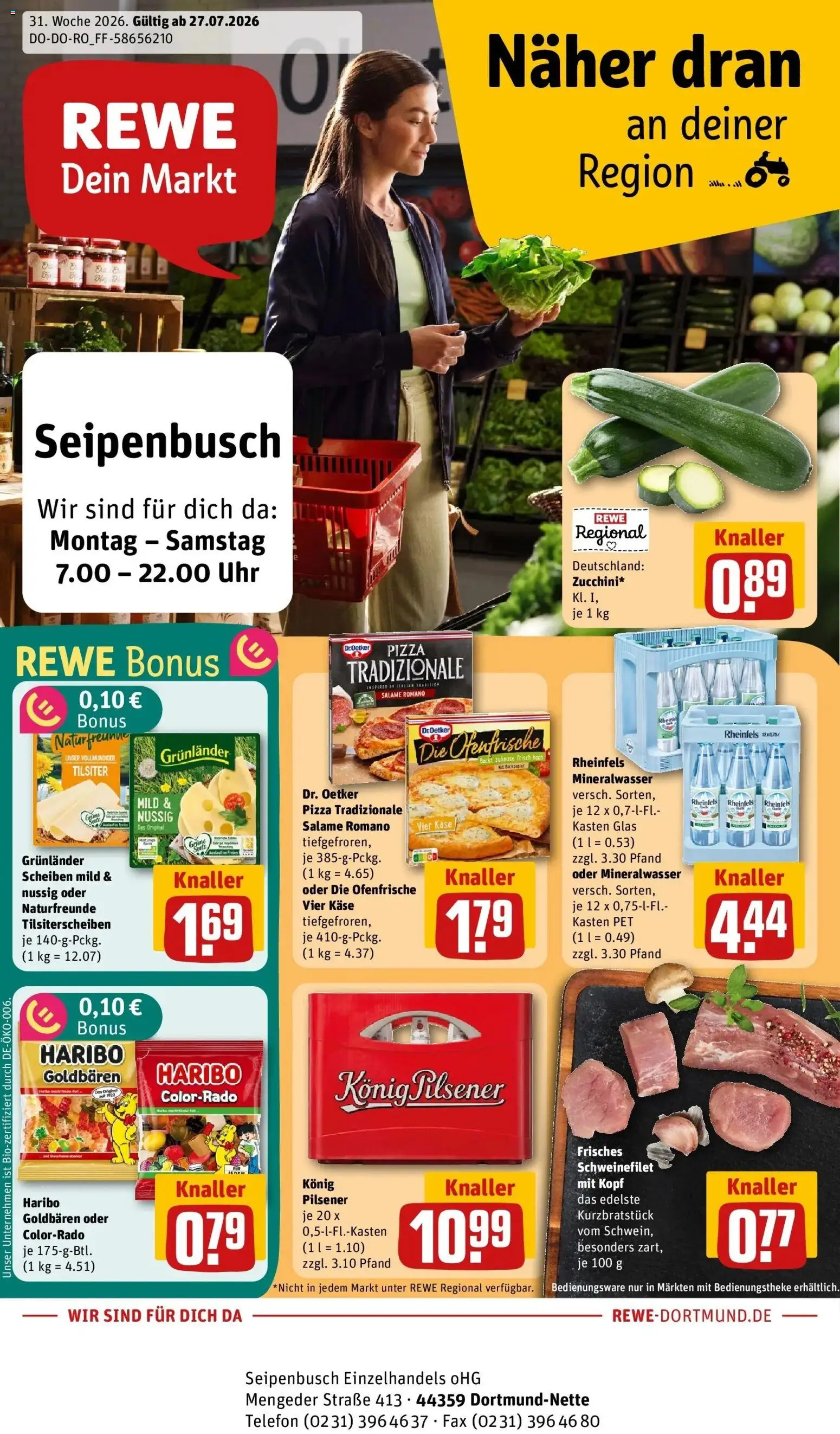 Vorschau von dem Prospekt des Geschäftes Rewe, gültig ab dem 27.07.2026 - Pizza, Uhr, Telefon, Käse, Mineralwasser, Schweinefilet, Ofenfrische, Grunlander