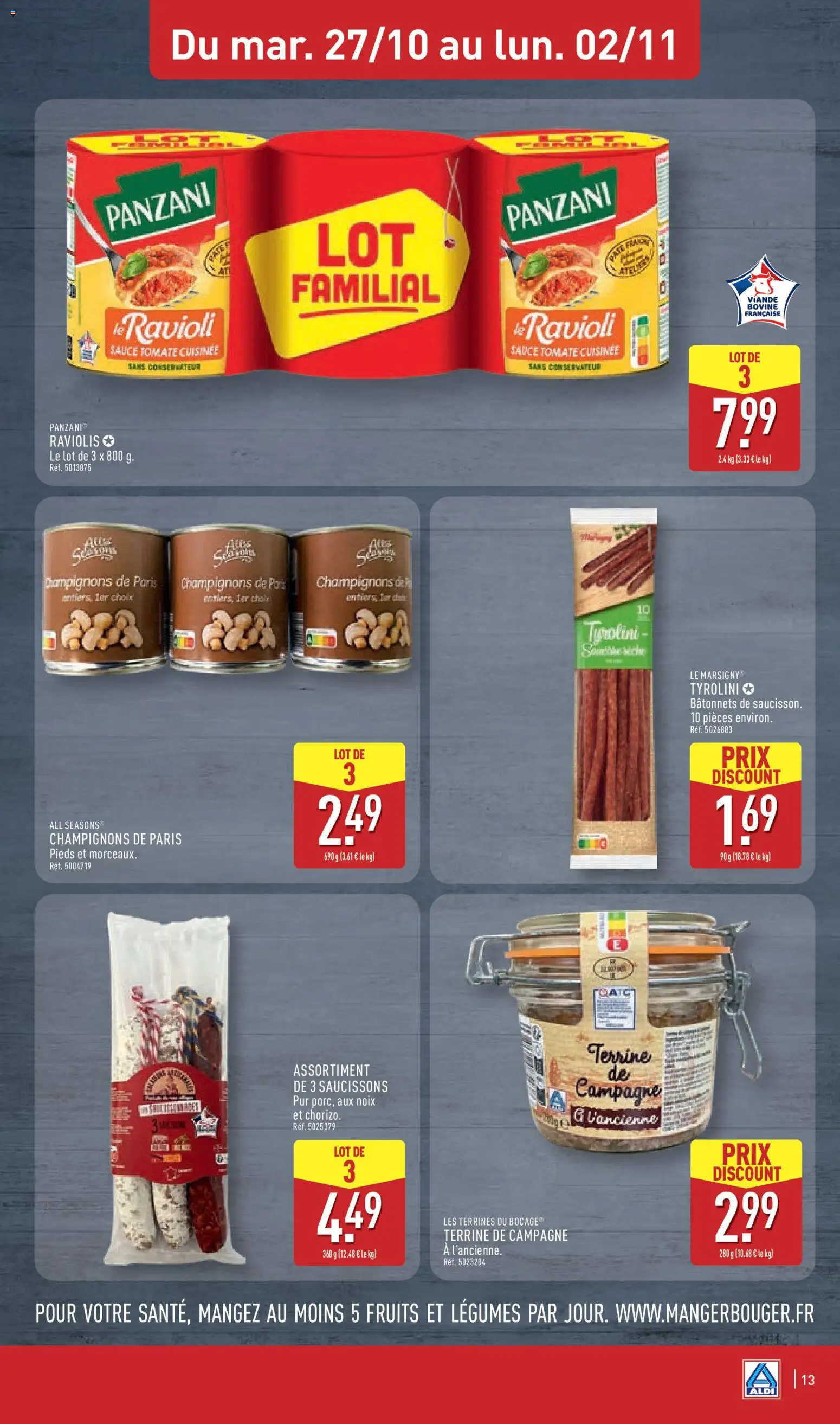 Prévisualisation de Aldi catalogue du magasin Aldi formulaire valide 27/10/2026 - Fruits, Tomate, Noix, Raviolis, Ravioli, Chorizo, Viande, Champignons