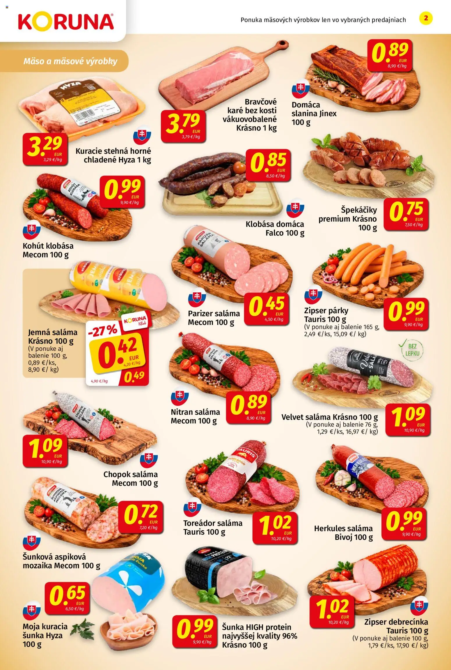 Náhľad Koruna letáku platného od 23.10.2026 - Protein, Kuracie stehná, Klobása, Šunka, Slanina, Párky, Saláma, Stehná