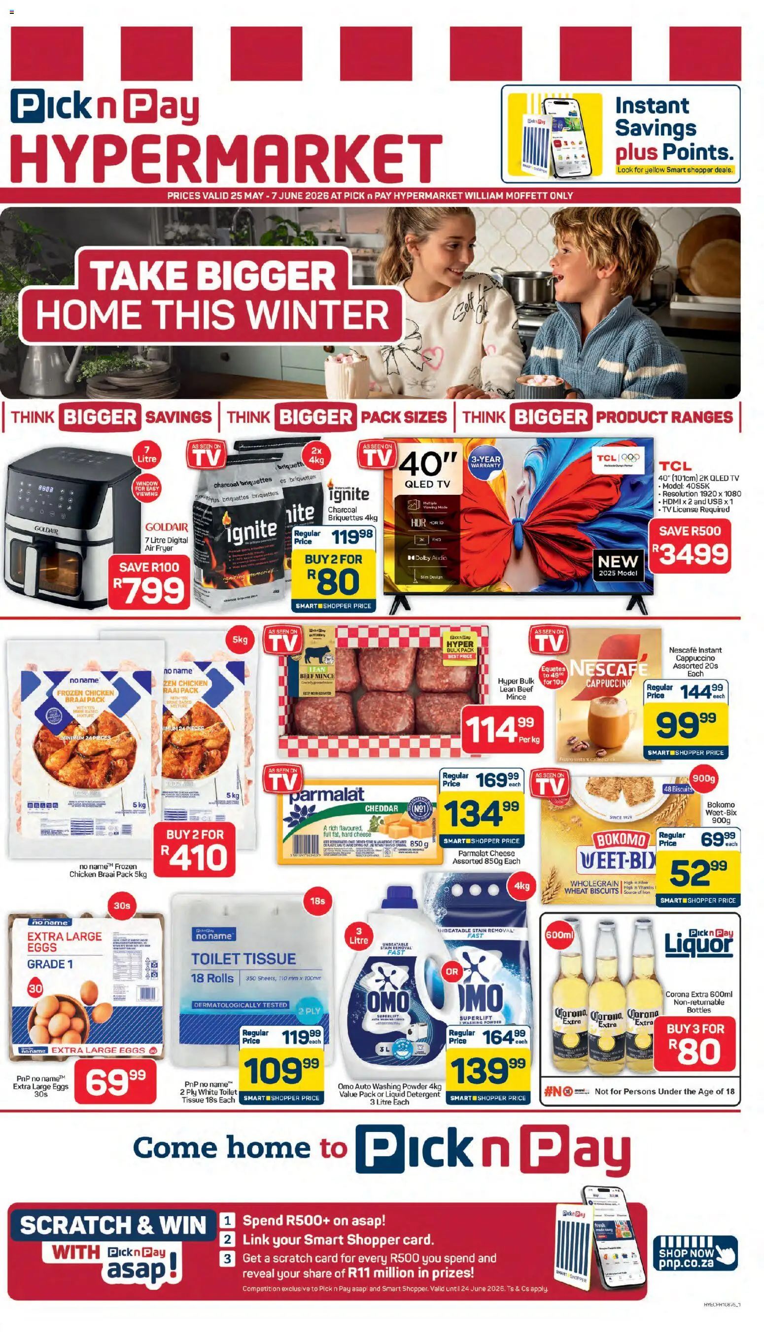 Preview of Pick n Pay flyer valid from 25/05/2026 - Air fryer, TV, Iron, Toilet, USB, Washing powder, Audio, Cheddar
