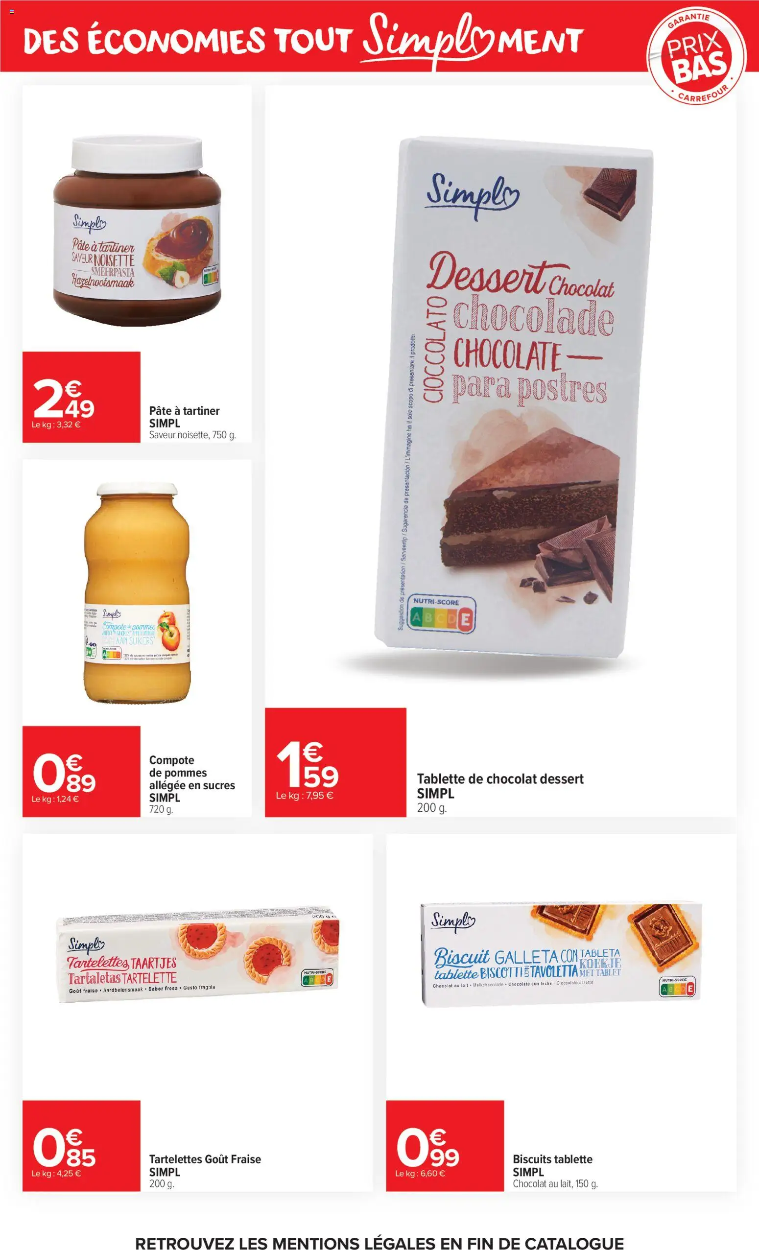 Prévisualisation de Carrefour Market Premier prix simpl du magasin Carrefour Market formulaire valide 03/11/2026 - Tablette, Fraise, Biscuits, Noisette, Compote de pommes, Pâte à tartiner, Chocolat dessert, Pommes
