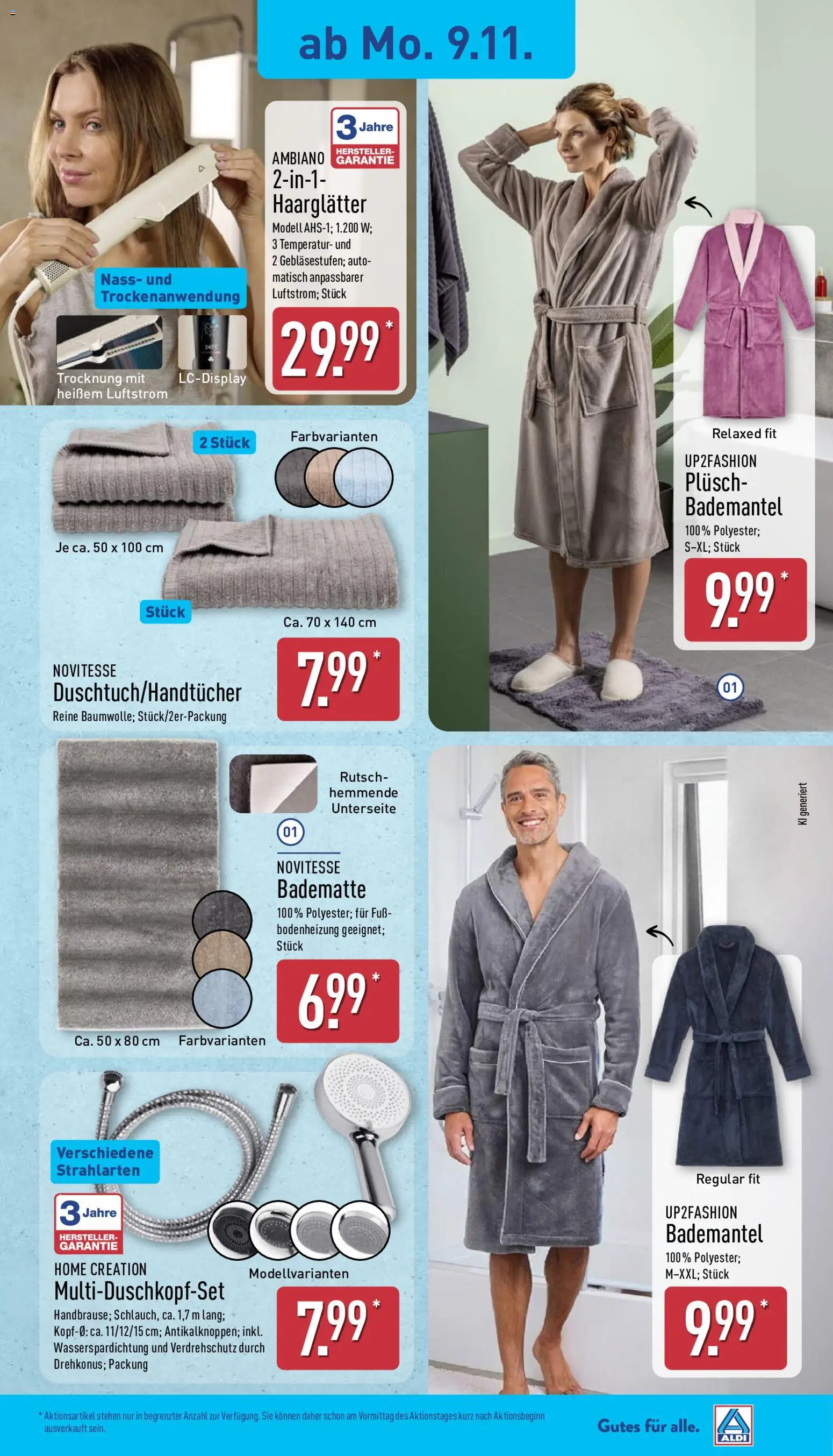 Vorschau von dem Prospekt des Geschäftes Aldi, gültig ab dem 09.11.2026 - Bademantel, Haarglätter, Up2fashion, Home creation