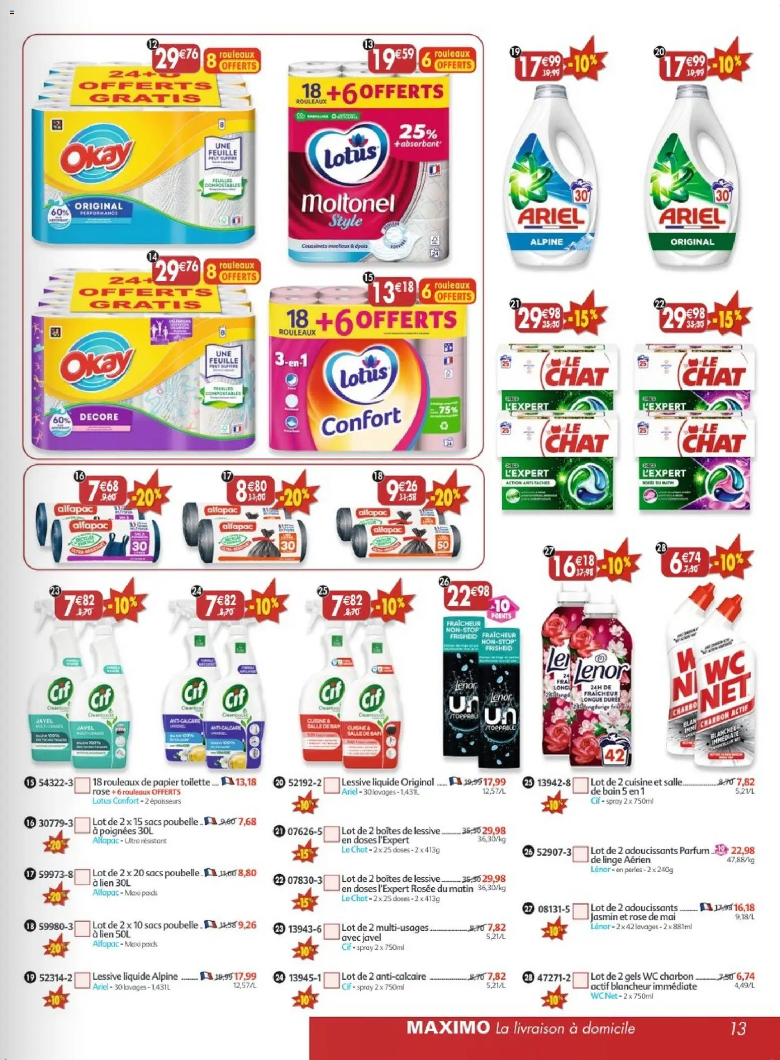 Prévisualisation de Maximo catalogue epicerie du magasin Maximo formulaire valide 26/10/2026 - Parfum, Poubelle, Lotus, Ariel, Charbon actif, Poids, Sacs poubelle, Lessive Liquide