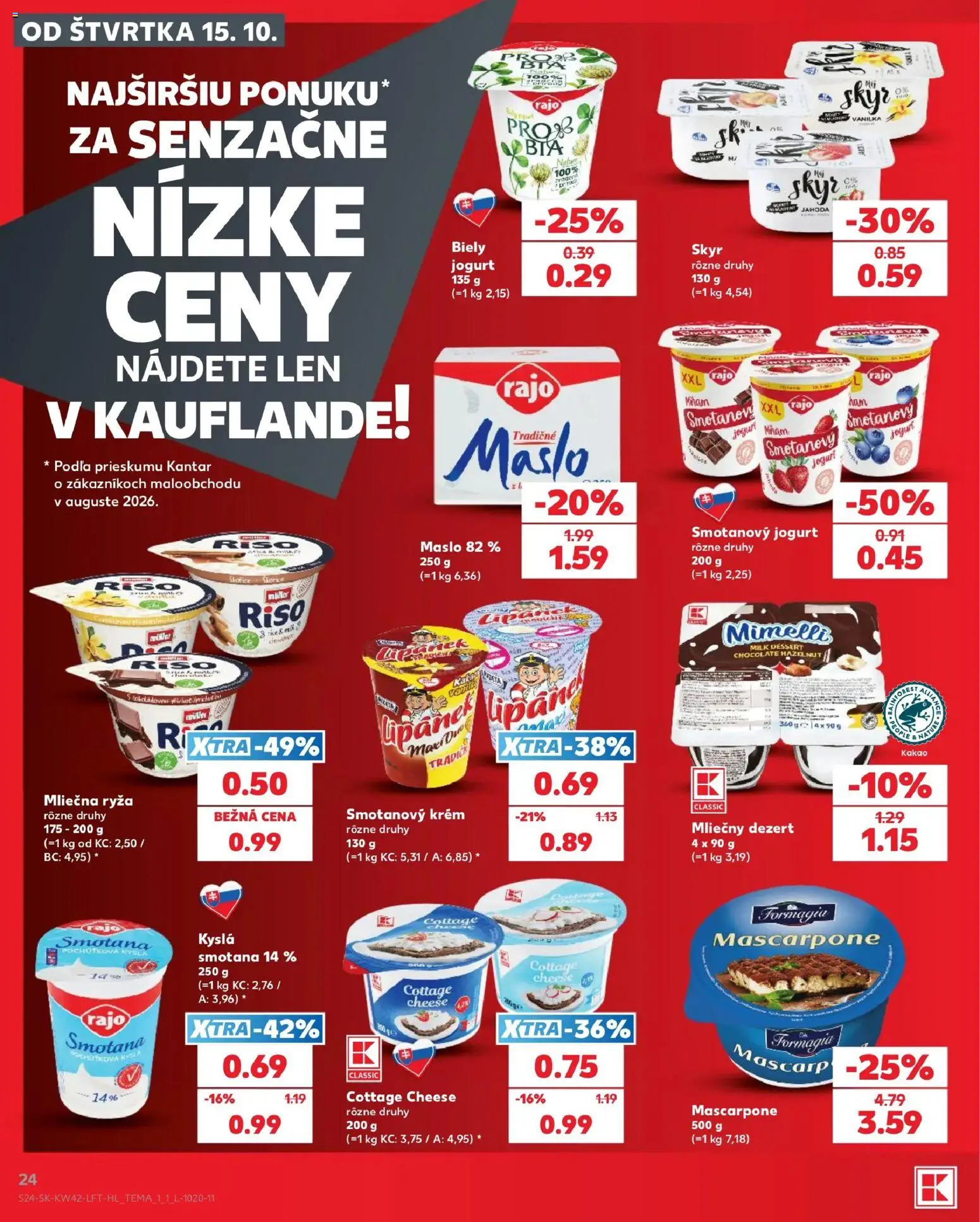 Náhľad Kaufland letáku platného od 15.10.2026 - Mascarpone, Cottage cheese, Ryža, Skyr, Kyslá smotana, Jogurt, Smotana, Mliečna ryža
