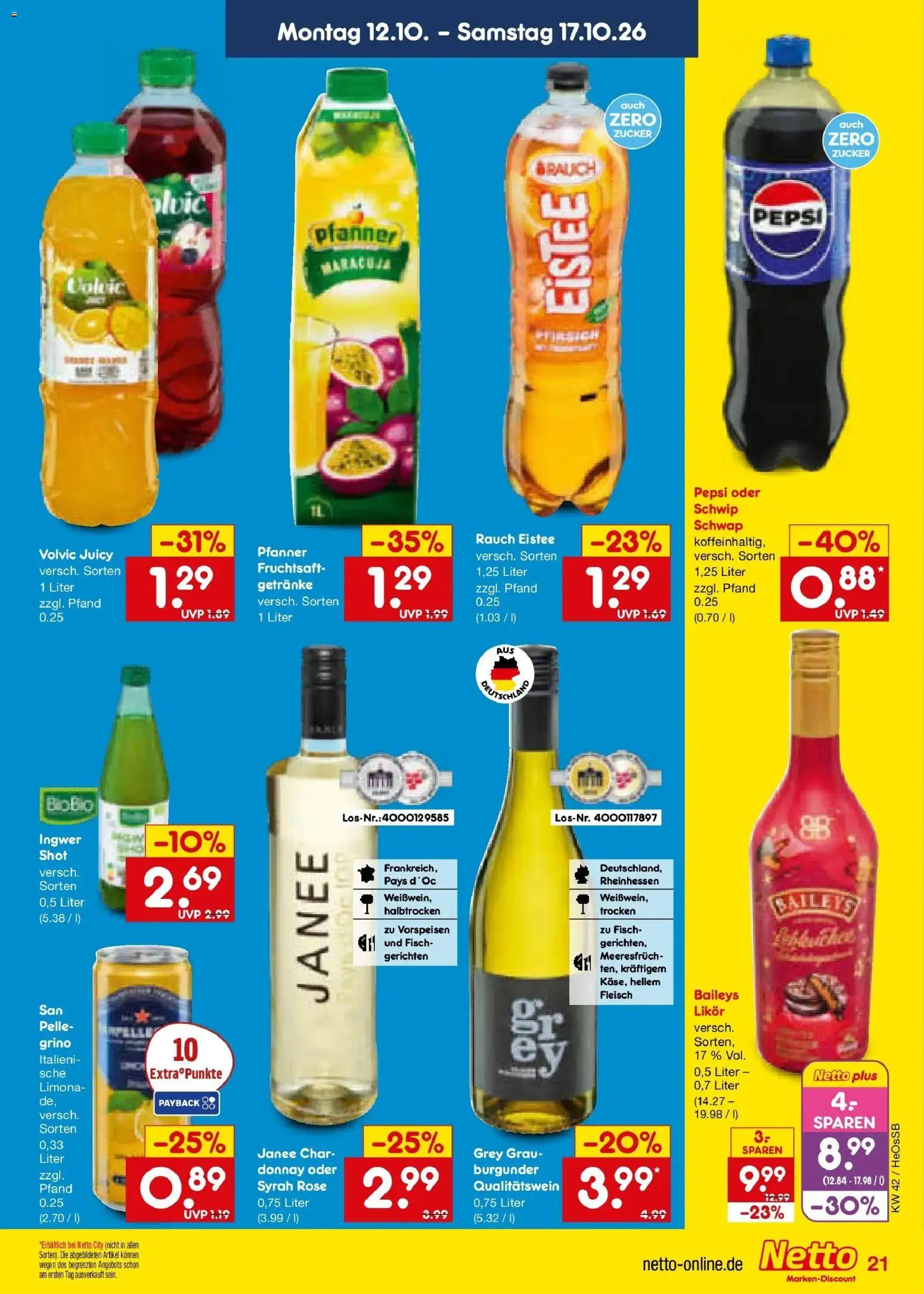 Vorschau von dem Prospekt des Geschäftes Netto Marken-Discount, gültig ab dem 12.10.2026 - Fisch, Baileys, Fleisch, Pfirsich, Pepsi, Volvic, Likör, Fruchtsaft