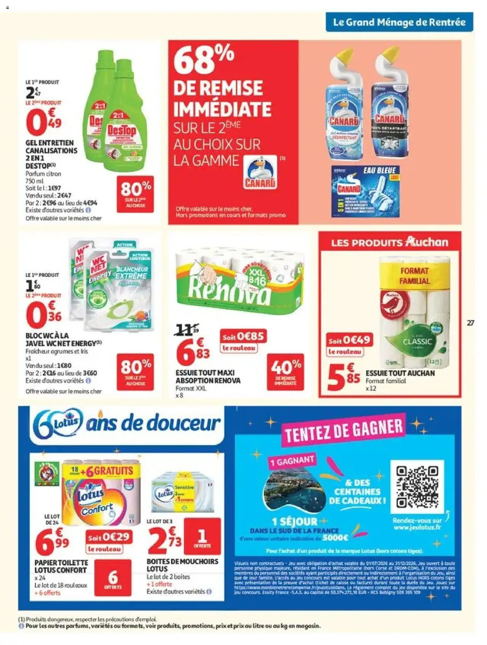 Prévisualisation de Auchan Ménage rentrée hypers du magasin Auchan formulaire valide 08/09/2026 - Parfum, Canard, Lotus, Agrumes, Papier toilette, Rouleau, bloc WC, Papier toilette Lotus