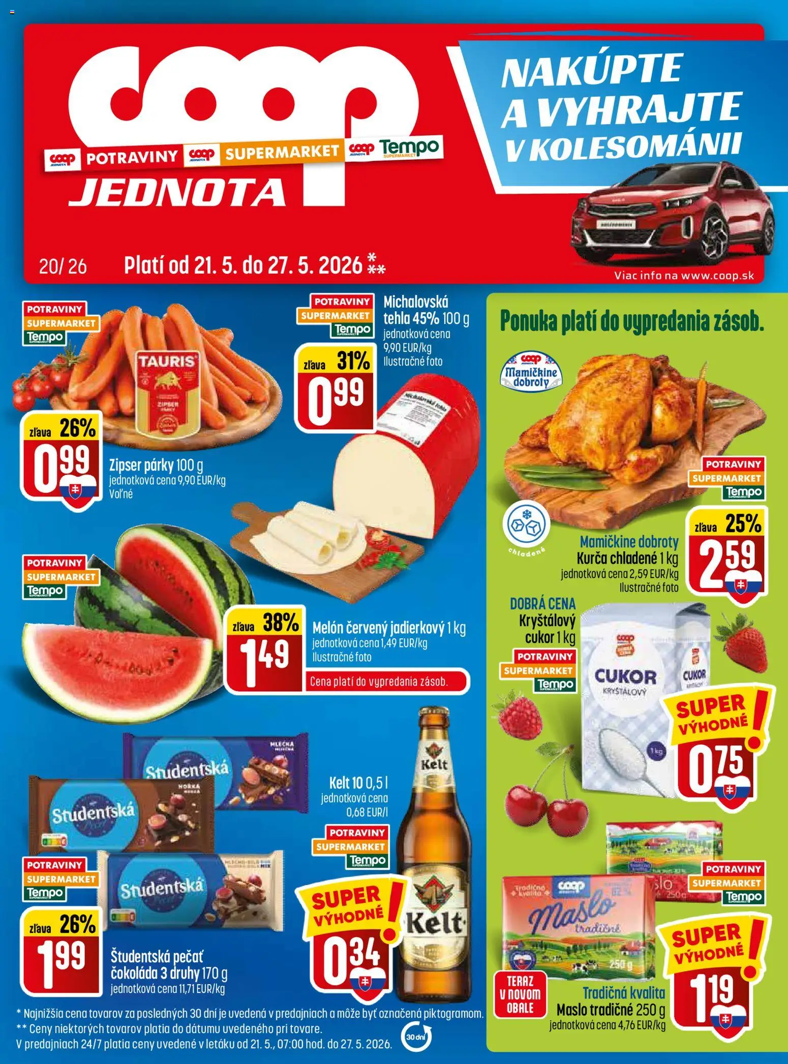 Náhľad COOP Jednota letáku platného od 21.05.2026 - Maslo, Čokoláda, Cukor, Párky, Študentská pečať, Kelt, Melón, Kurča