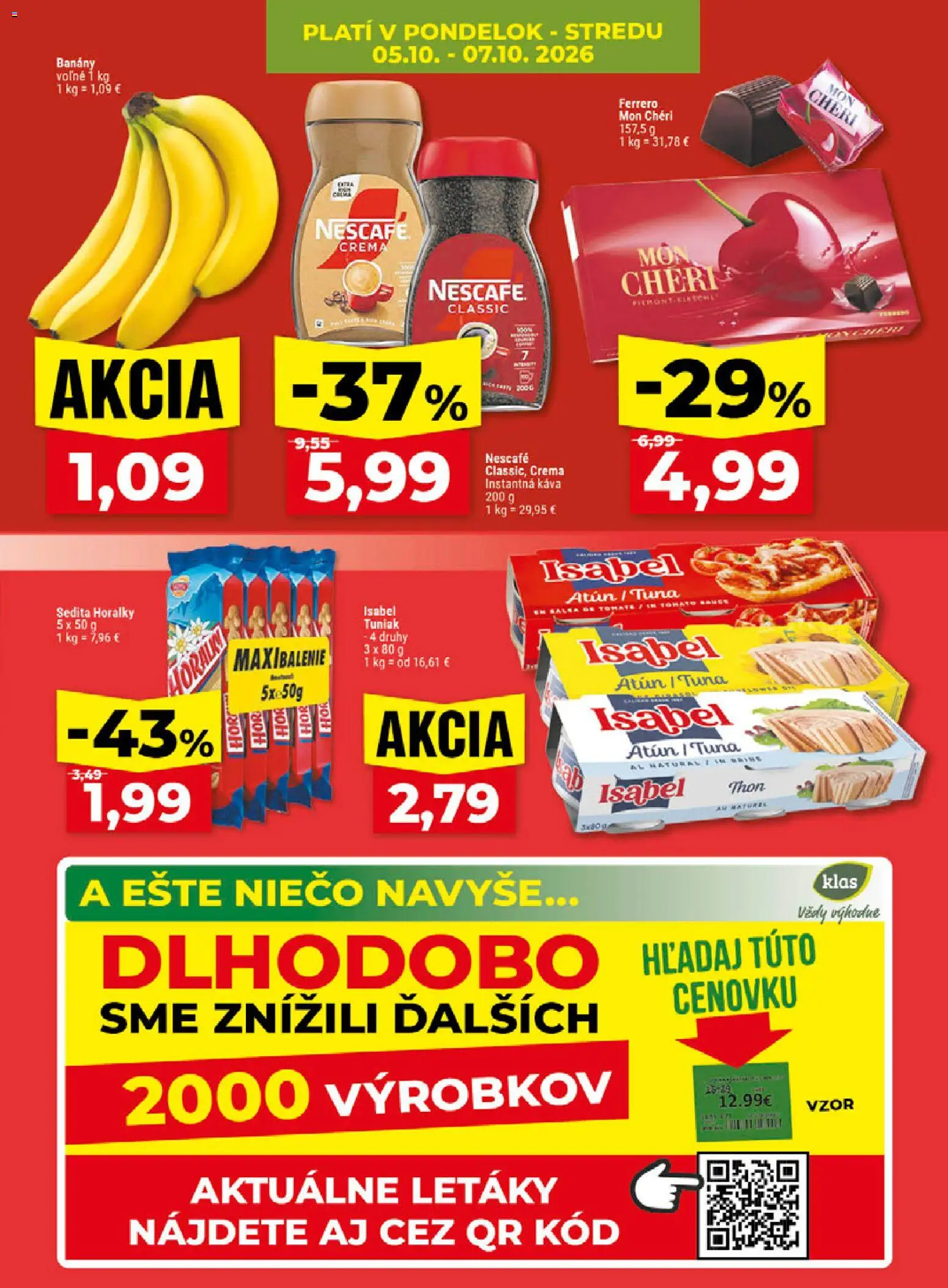 Náhľad Klas letáku platného od 05.10.2026 - Káva, Tuniak, Instantná káva, Banány, Mon Chéri, Horálky