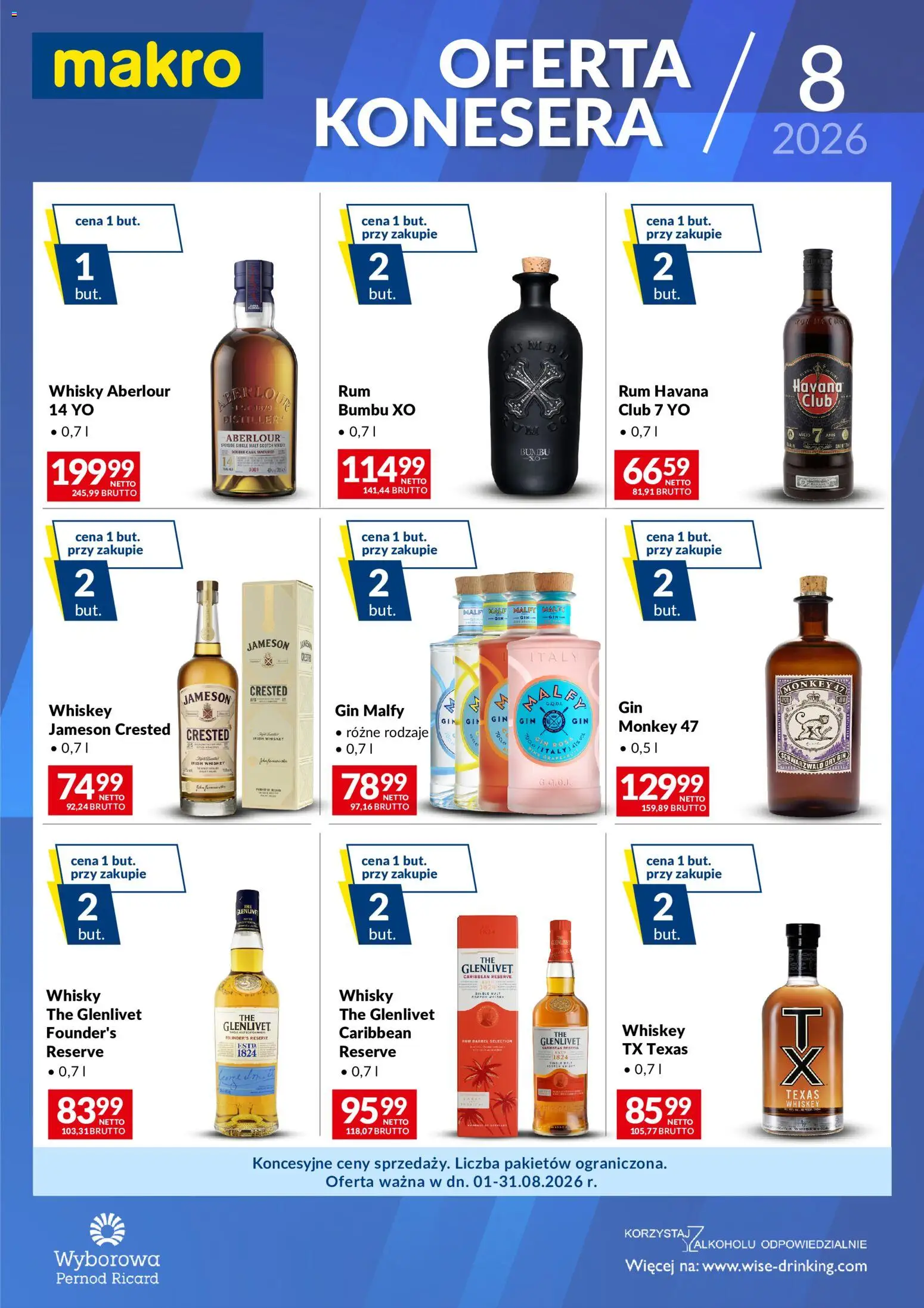 Pogląd gazetki "Makro gazetka - Konesera sierpień" ze sklepu Makro ważnej od 01.08.2026 - Whisky, Rum, Gin, Jameson, Havana, Irish whiskey, Rum Havana