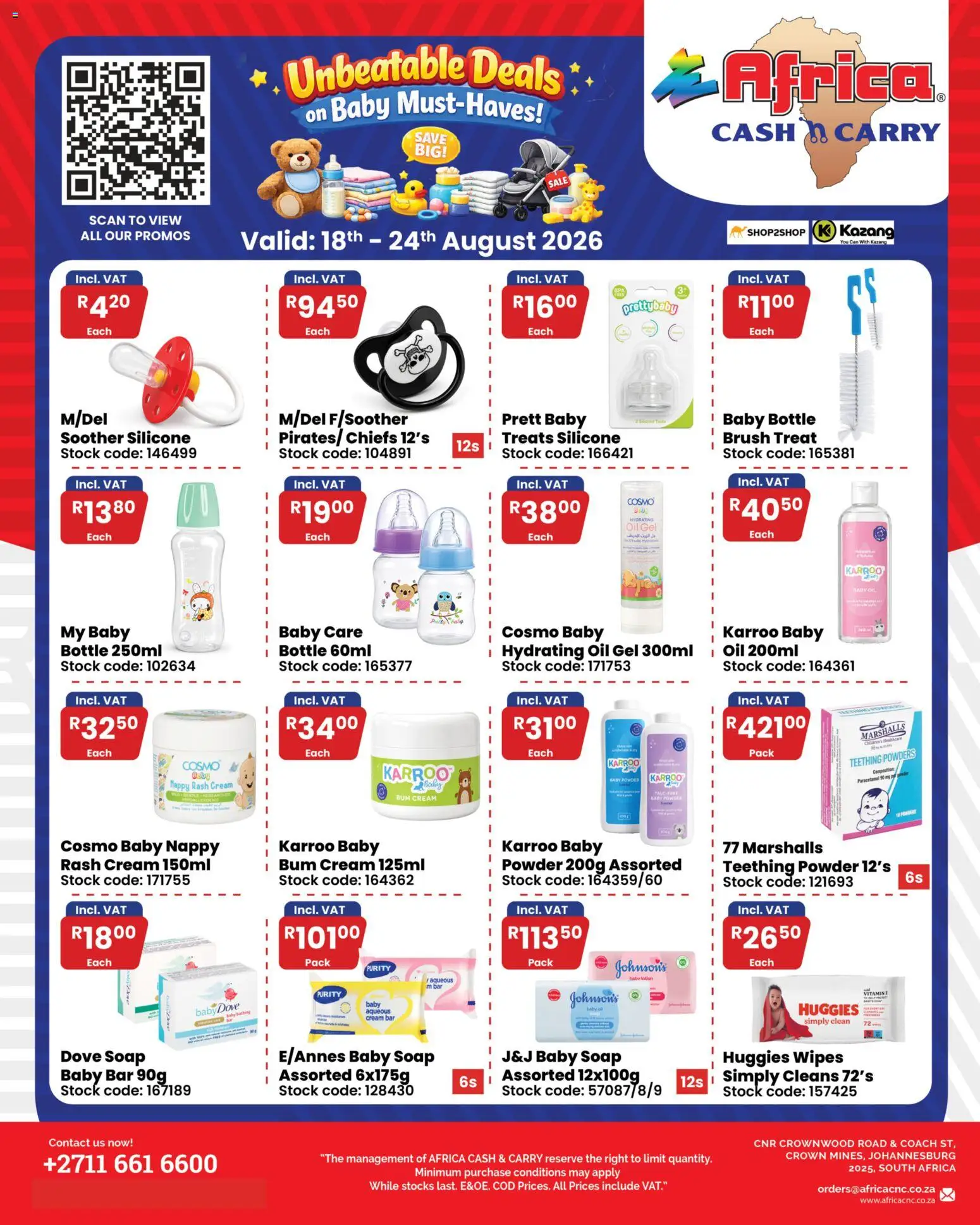 Preview of Africa Cash & Carry flyer valid from 18/08/2026 - Oil, Cream, Soap, Silicone, Stock, Powder, Brush, Lotion