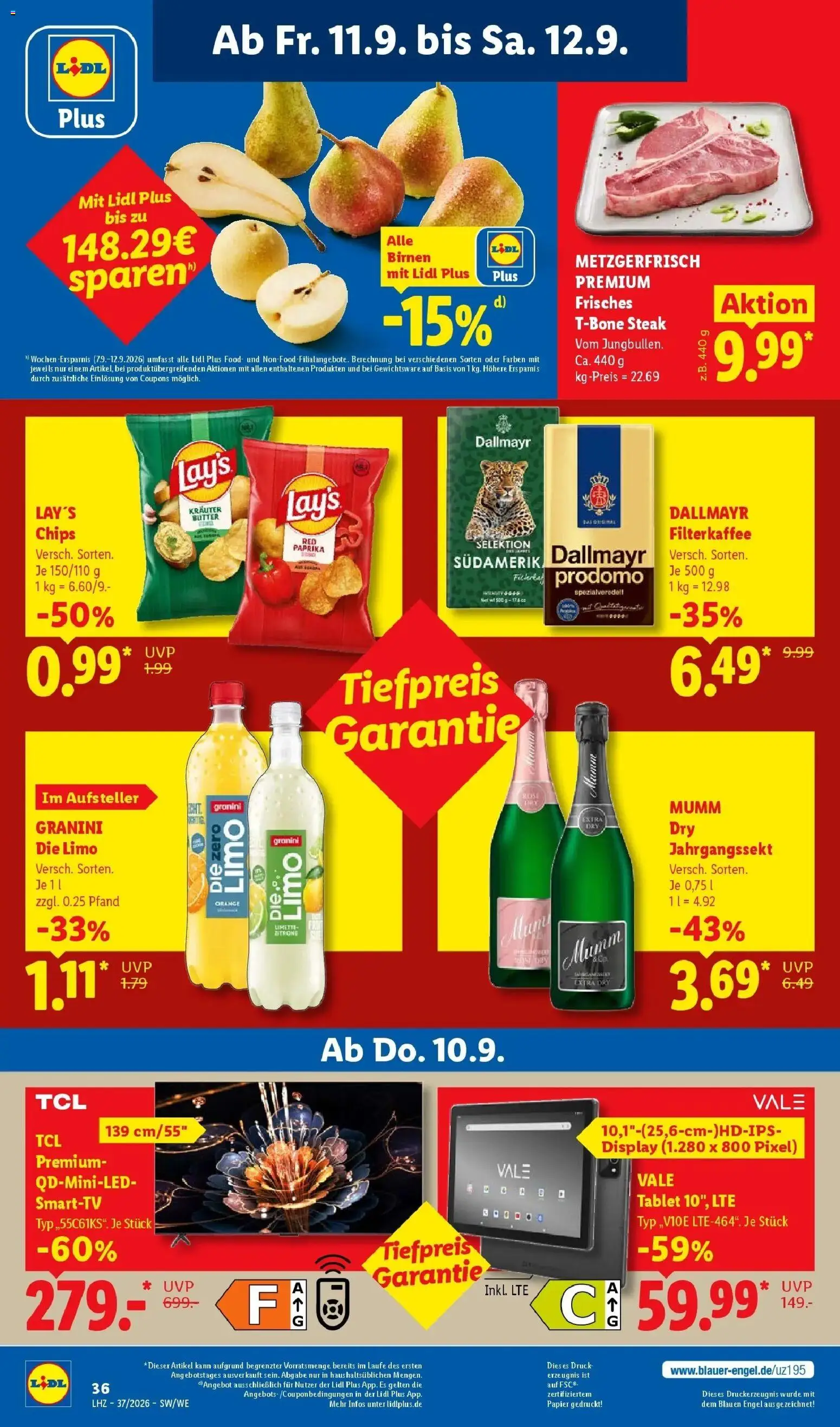 Vorschau von dem Prospekt des Geschäftes Lidl, gültig ab dem 07.09.2026 - Chips, Butter, Tablet, Steak, Dallmayr, Paprika, Granini, Granini die limo