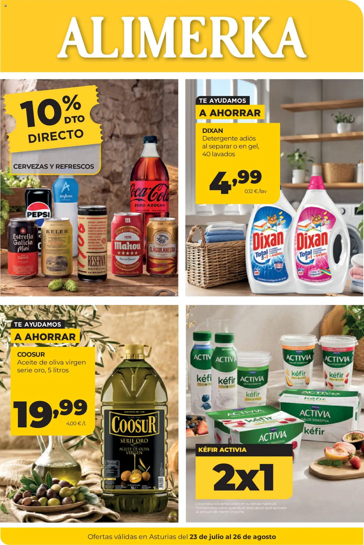 Vista previa del folleto de la tienda Alimerka válido desde el 23/07/2026 - Aceite de oliva, Té, Aceite, Azúcar, Pepsi, Detergente, Kéfir