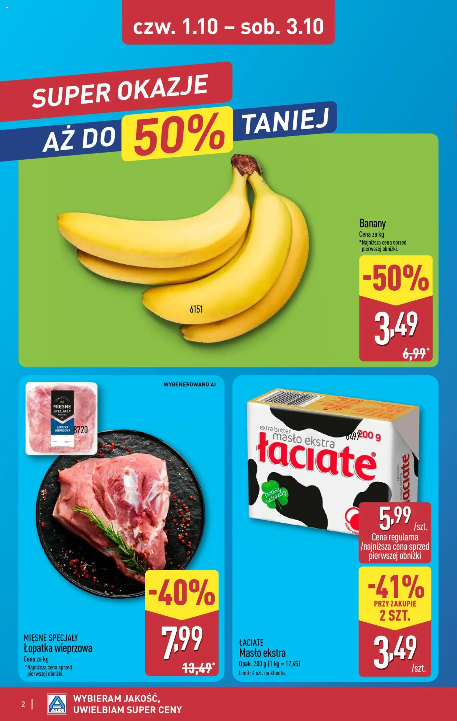 Pogląd gazetki "Aldi gazetka - Oferta weekendowa" ze sklepu Aldi ważnej od 01.10.2026 - Masło, Łopatka wieprzowa, Banany, Specjały