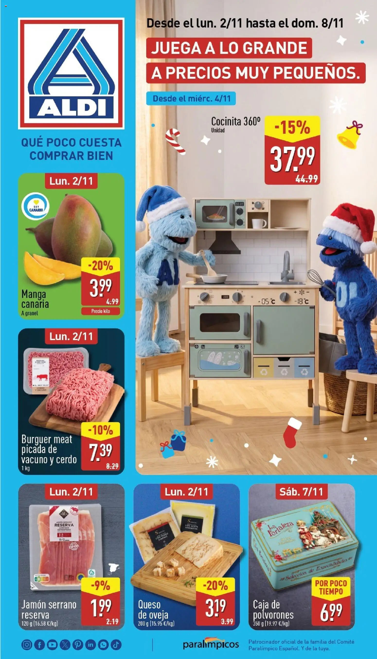 Vista previa del folleto de la tienda Aldi válido desde el 02/11/2026 - Mango, Juega, Cocina, Cerdo, Jamón serrano, Caja, Queso de oveja, Especialidades