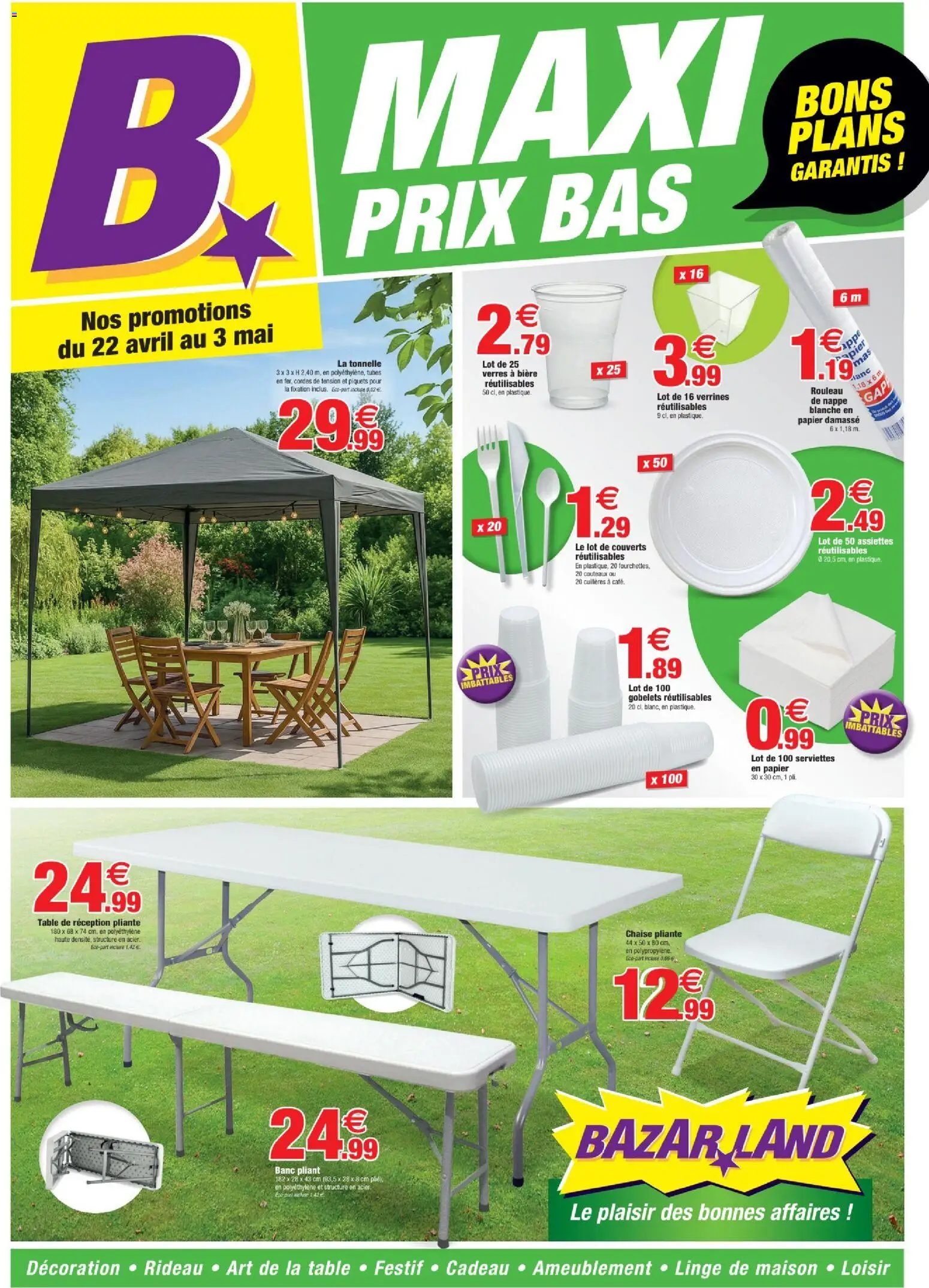Prévisualisation de Bazarland catalogue du magasin Bazarland formulaire valide 22/04/2026 - Tonnelle, Verrines, Nappe, Serviettes, Couverts, Rouleau, Cordes, Couteaux