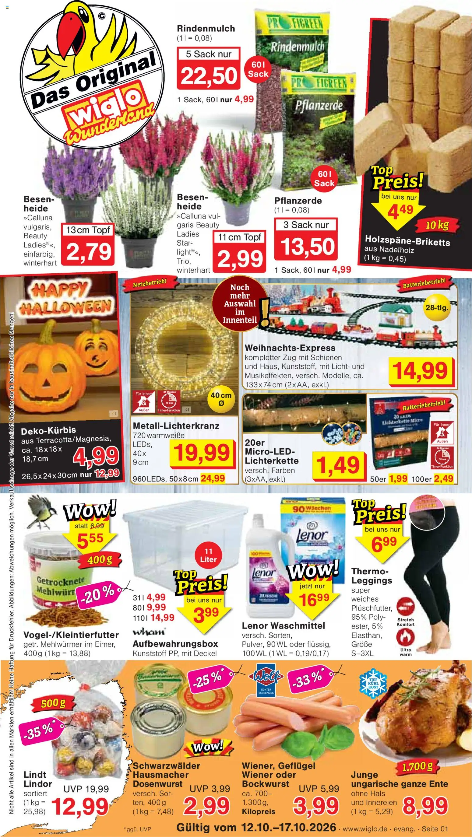 Vorschau von dem Prospekt des Geschäftes Wiglo Wunderland, gültig ab dem 12.10.2026 - Lindt, Rindenmulch, Leggings, Waschmittel, Bockwurst, Lenor, Lindor, Pflanzerde