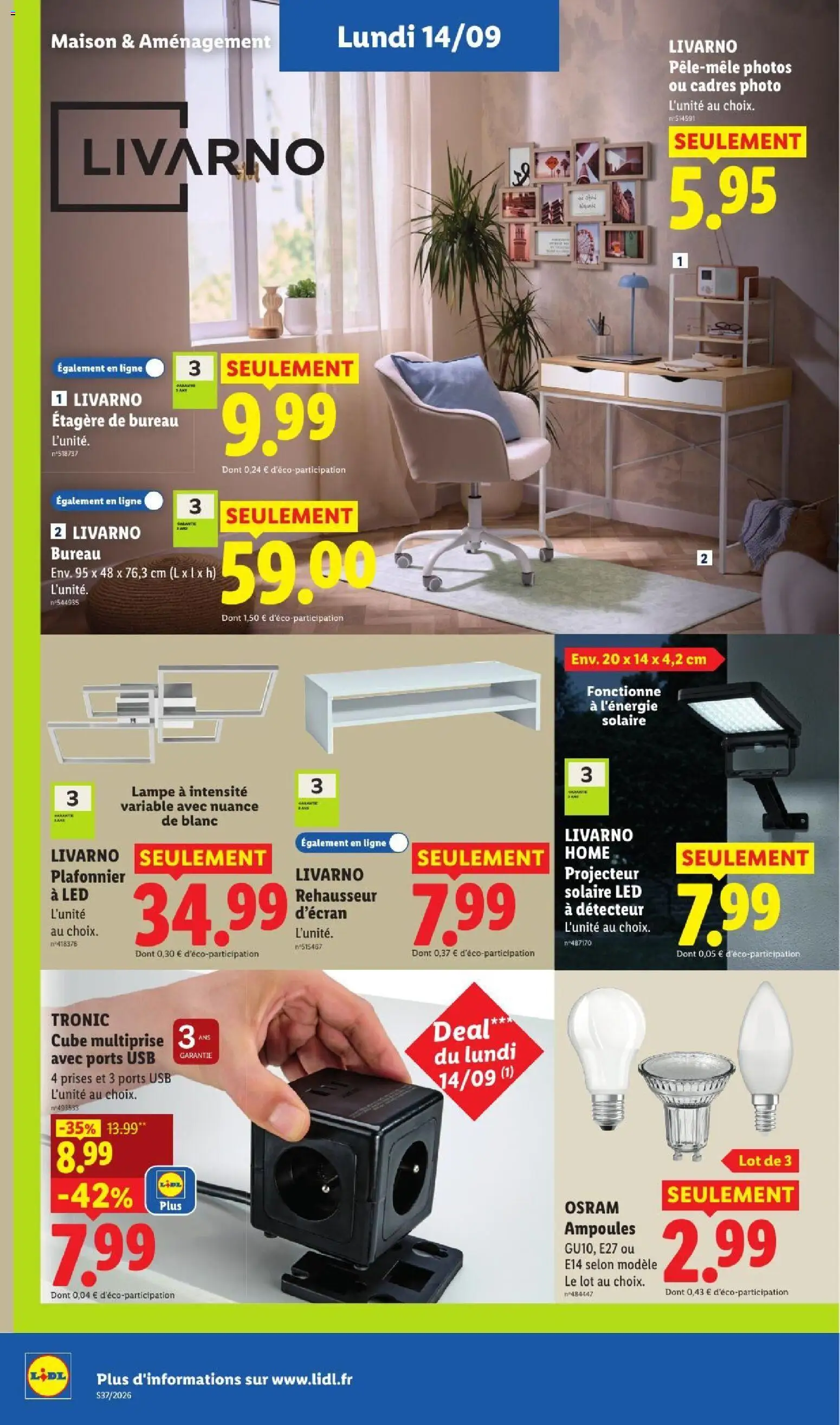 Prévisualisation de LIDL catalogue du magasin LIDL formulaire valide 10/09/2026 - Lampe, Étagère, USB, Prises, Rehausseur, Projecteur solaire, Plafonnier a led, Réhausseur d'écran