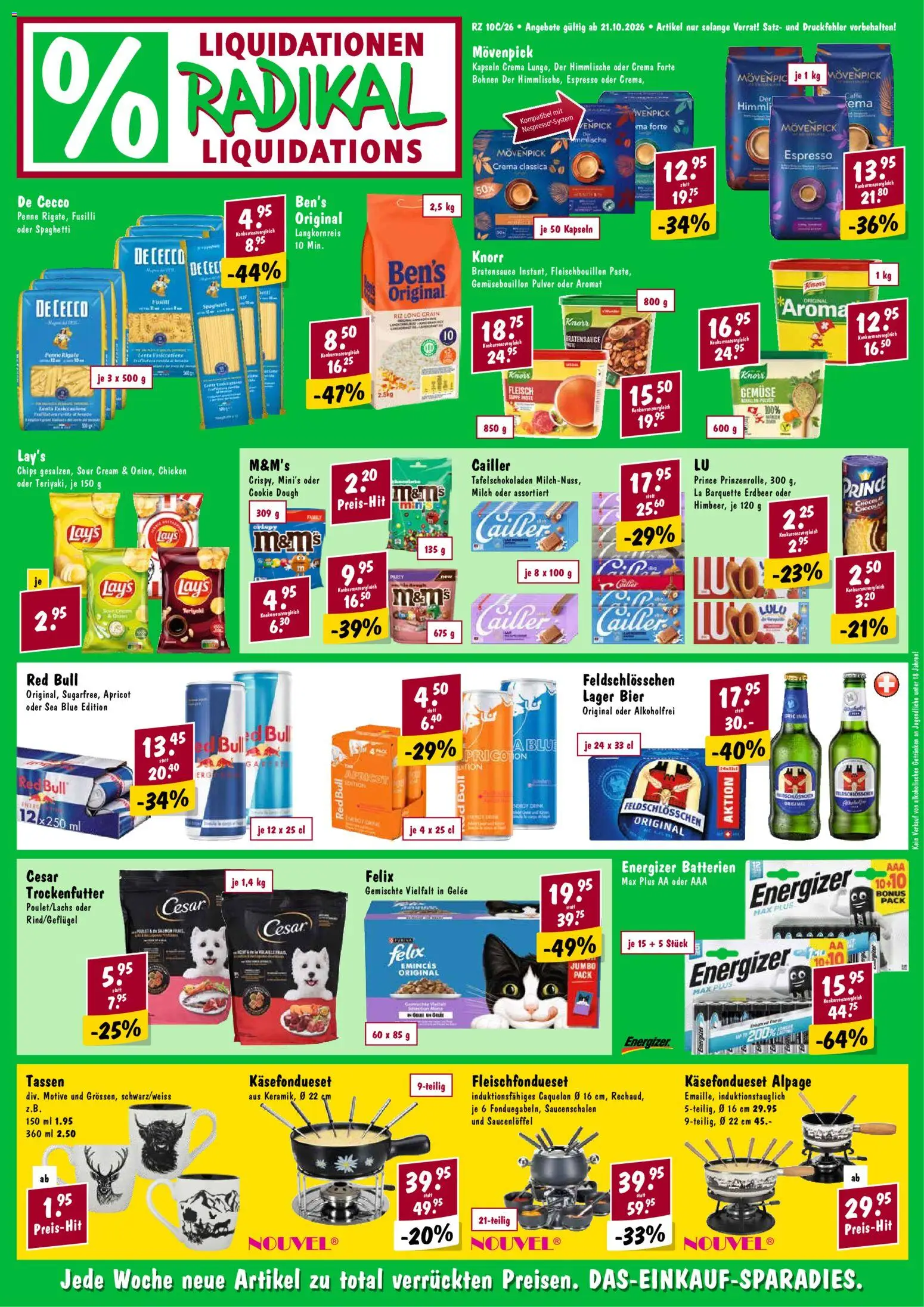 Vorschau des Merkblatts Radikal aktionen vom Shop Radikal gültig von 21.10.2026 bis - Red bull, Bier, Gemüse, Chips, Milch, Pulver