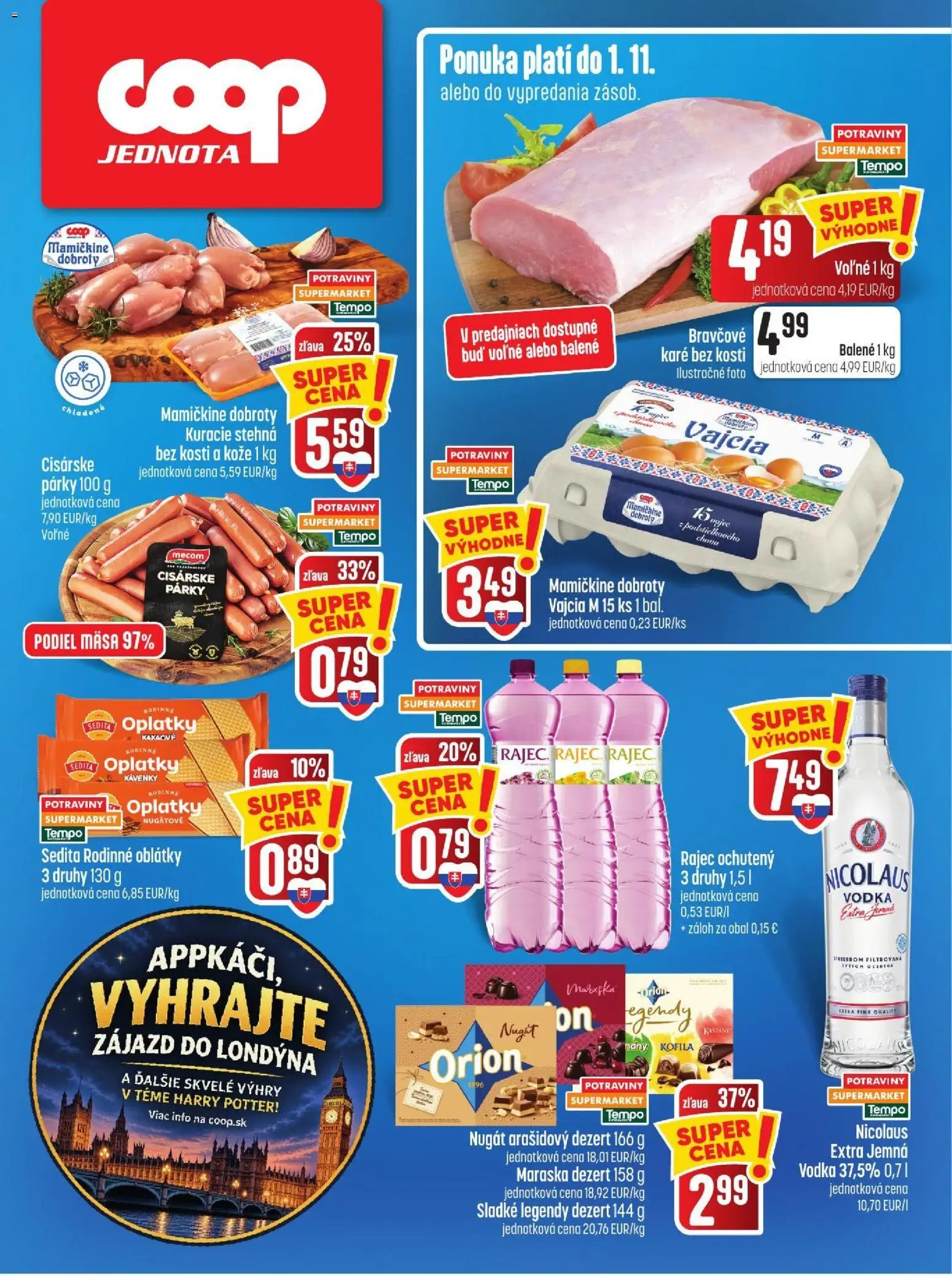 Náhľad COOP Jednota letáku platného od 29.10.2026 - Rajec, Vodka, Kuracie stehná, Dezert, Párky, Oblátky, Stehná, Vajcia M