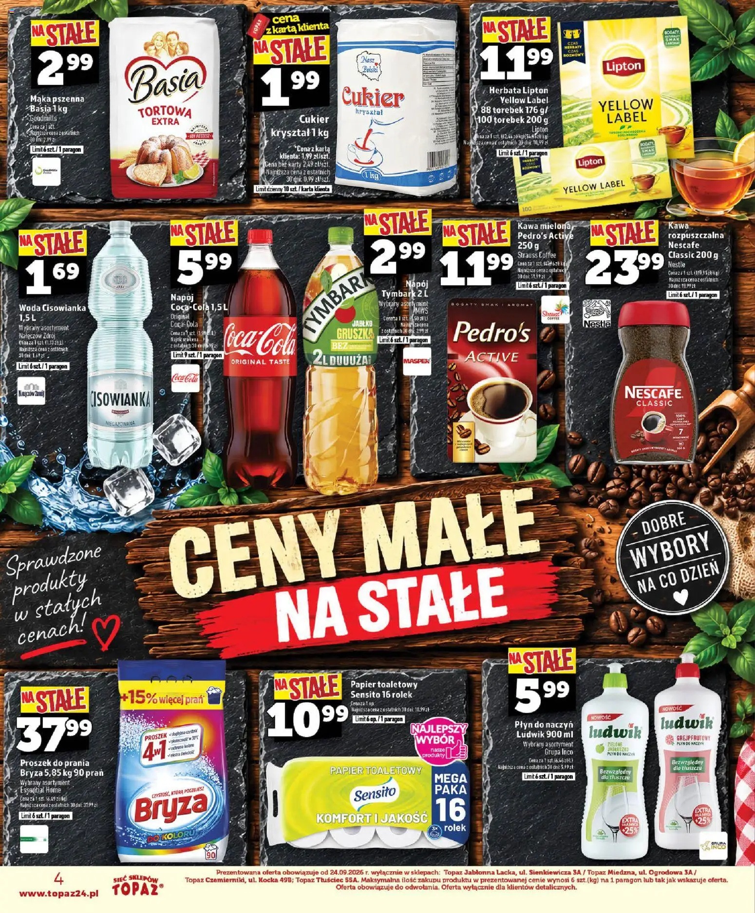 Pogląd gazetki "Topaz gazetka - Ceny małe na stałe" ze sklepu Topaz ważnej od 29.10.2026 - Herbata, Coca cola, Tymbark, Proszek do prania, Cukier, Cisowianka, Kawa mielona, Proszek
