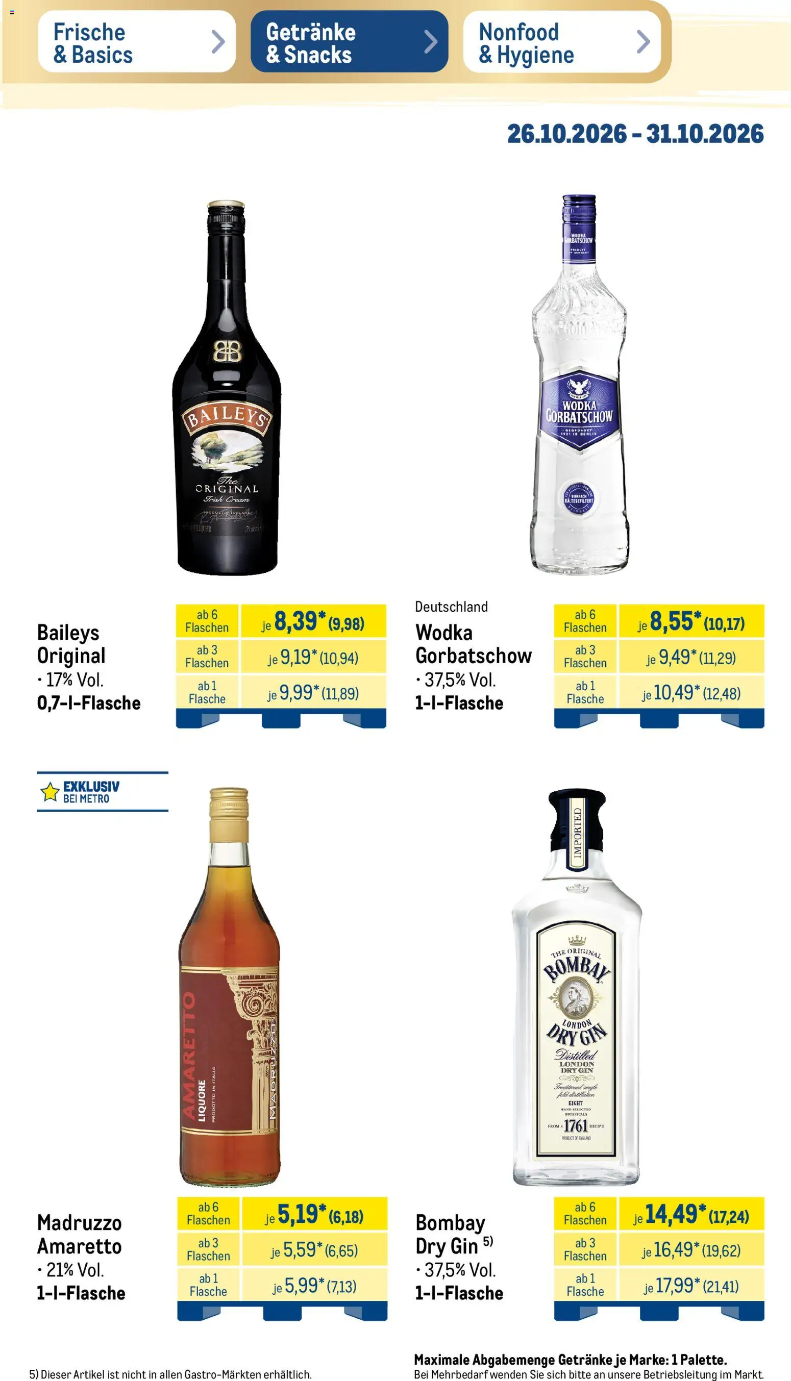 Vorschau von dem Prospekt des Geschäftes Metro, gültig ab dem 26.10.2026 - Baileys, Gin, Wodka, Wodka gorbatschow
