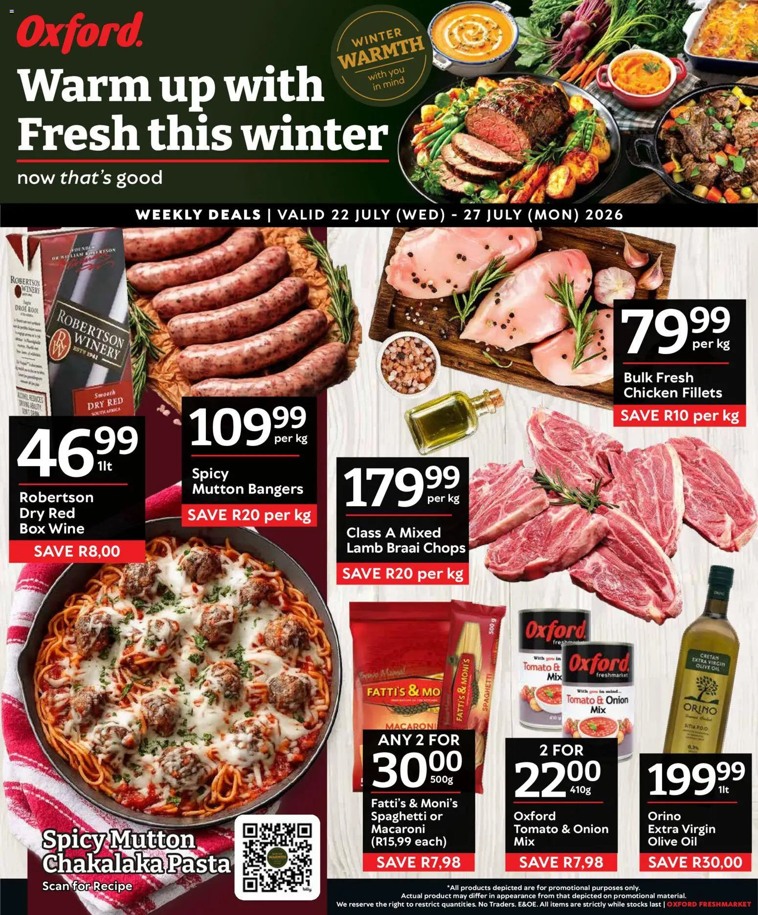 Preview of Oxford Freshmarket flyer valid from 22/07/2026 - Chicken, Wine, Pasta, Box, Oil, Spaghetti, Onion, Extra virgin olive oil