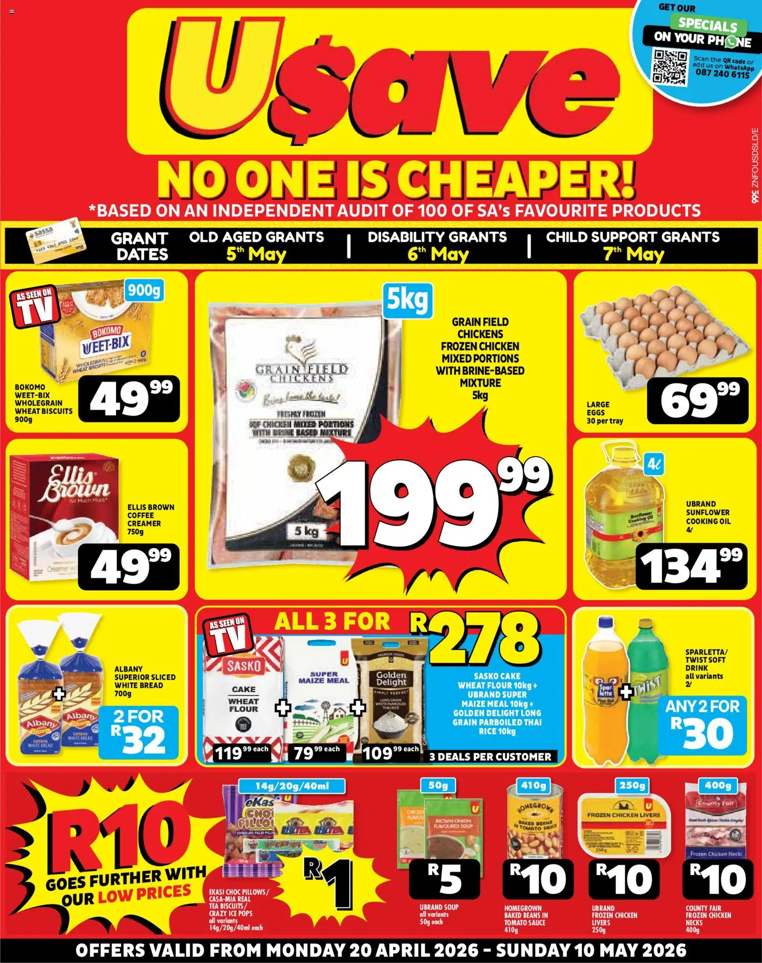 Preview of Usave flyer valid from 20/04/2026 - Coffee, Cake, Dates, Oil, Rice, Tomato sauce, Baked beans, Sauce