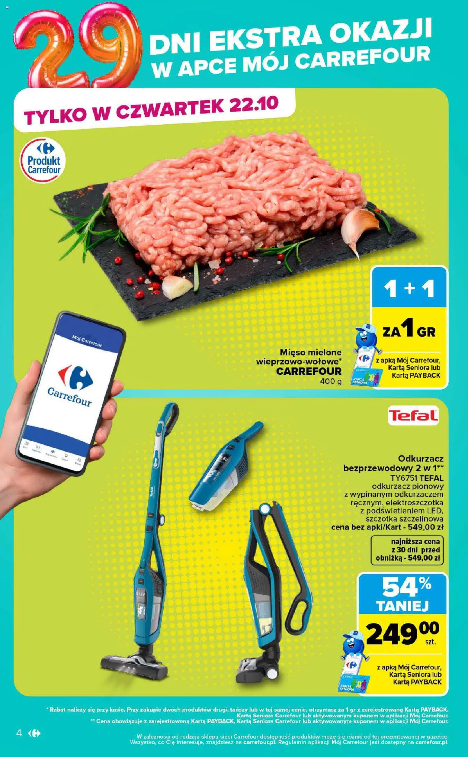 Pogląd gazetki "Carrefour gazetka - Market" ze sklepu Carrefour ważnej od 19.10.2026 - Odkurzacz, Odkurzacz pionowy, Mięso, Tefal, Karta, Mięso mielone, Szczotka