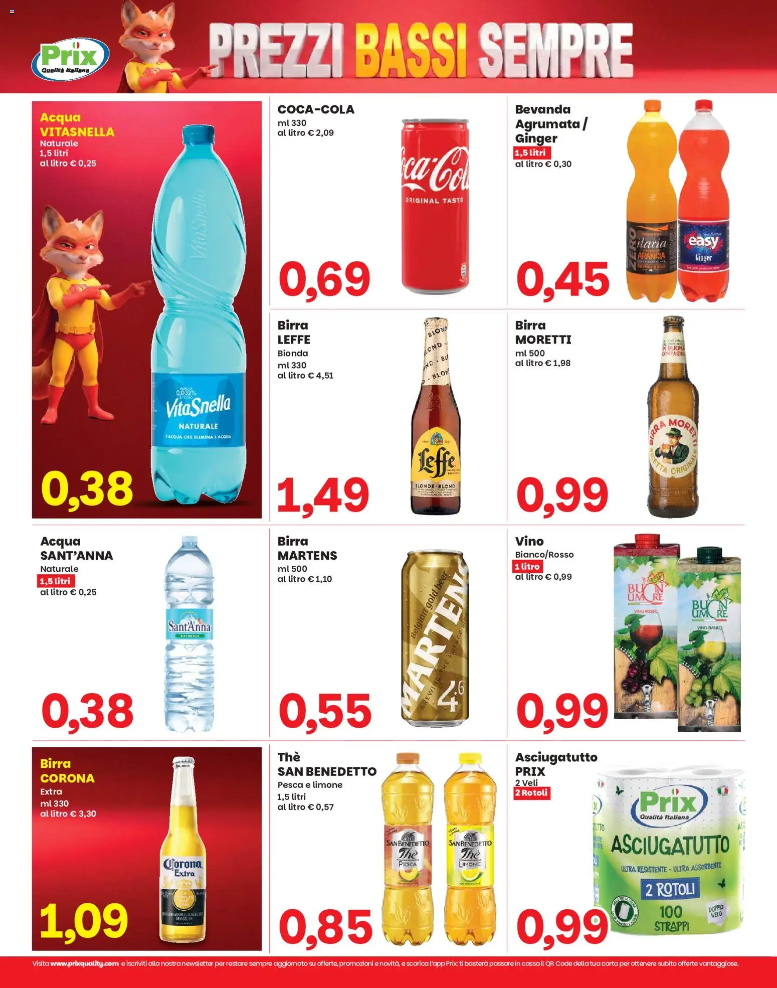 Anteprima dell'opuscolo Prix volantino Preganziol dal negozio Prix valido da 08/09/2026 - Acqua, Birra, Limone, Pesca, Arancia, Vino rosso, Birra Leffe, Asciugatutto