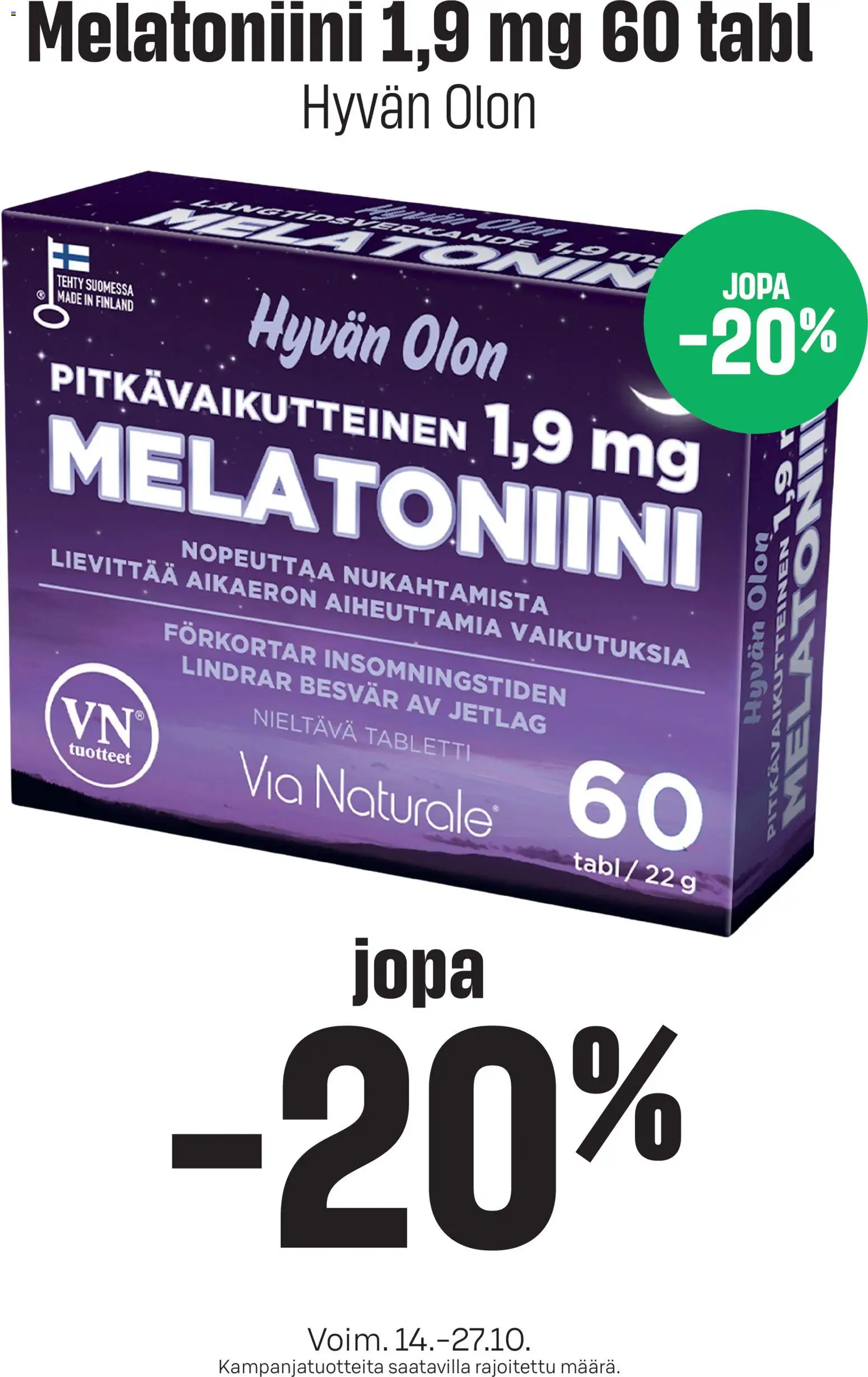 Kaupan S-market S-market Melatoniini esikatselu, voimassa 14/10/2026 - Tabletti