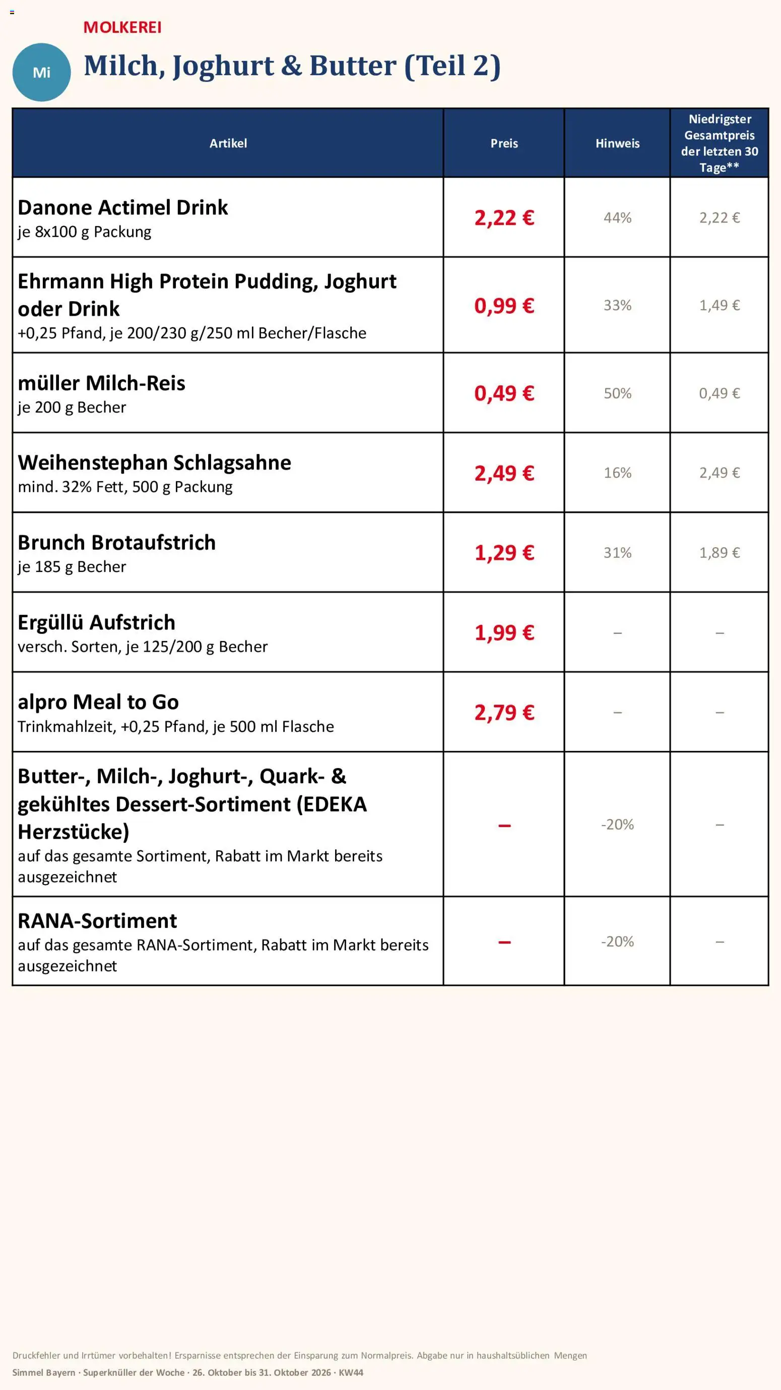 Vorschau von dem Prospekt des Geschäftes Simmel, gültig ab dem 26.10.2026 - Butter, Joghurt, Quark, Schlagsahne, Actimel, Alpro