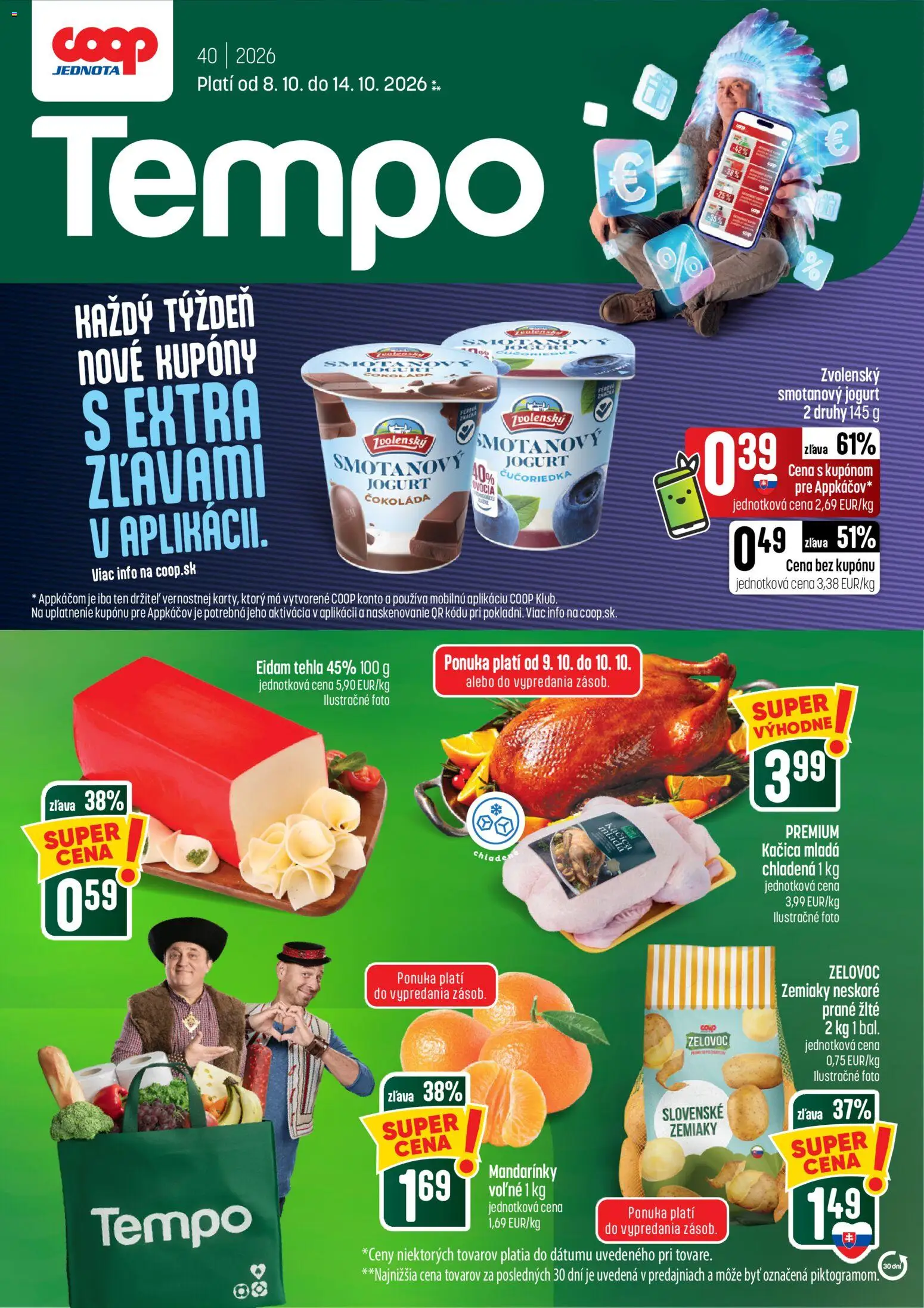 Náhľad COOP Jednota letáku platného od 08.10.2026 - Čokoláda, Zemiaky, Jogurt, Kačica, Eidam, Mandarinky, Smotanový jogurt