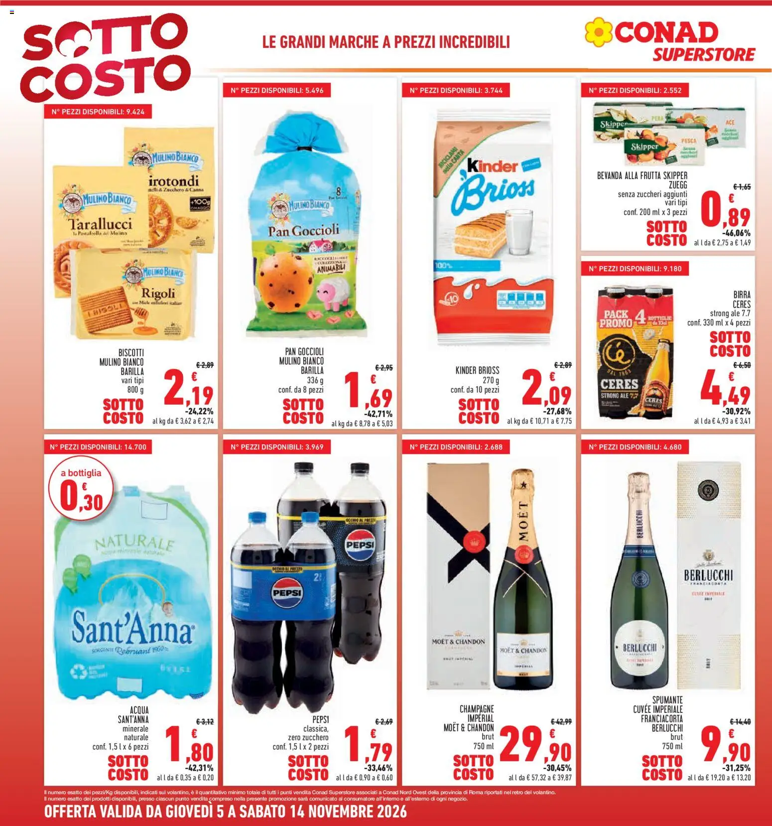 Anteprima dell'opuscolo Conad volantino Superstore Lazio dal negozio Conad valido da 05/11/2026 - Zucchero, Frutta, Pesca, Ceres, Pepsi, Moet, Bottiglia, Ceres Birra