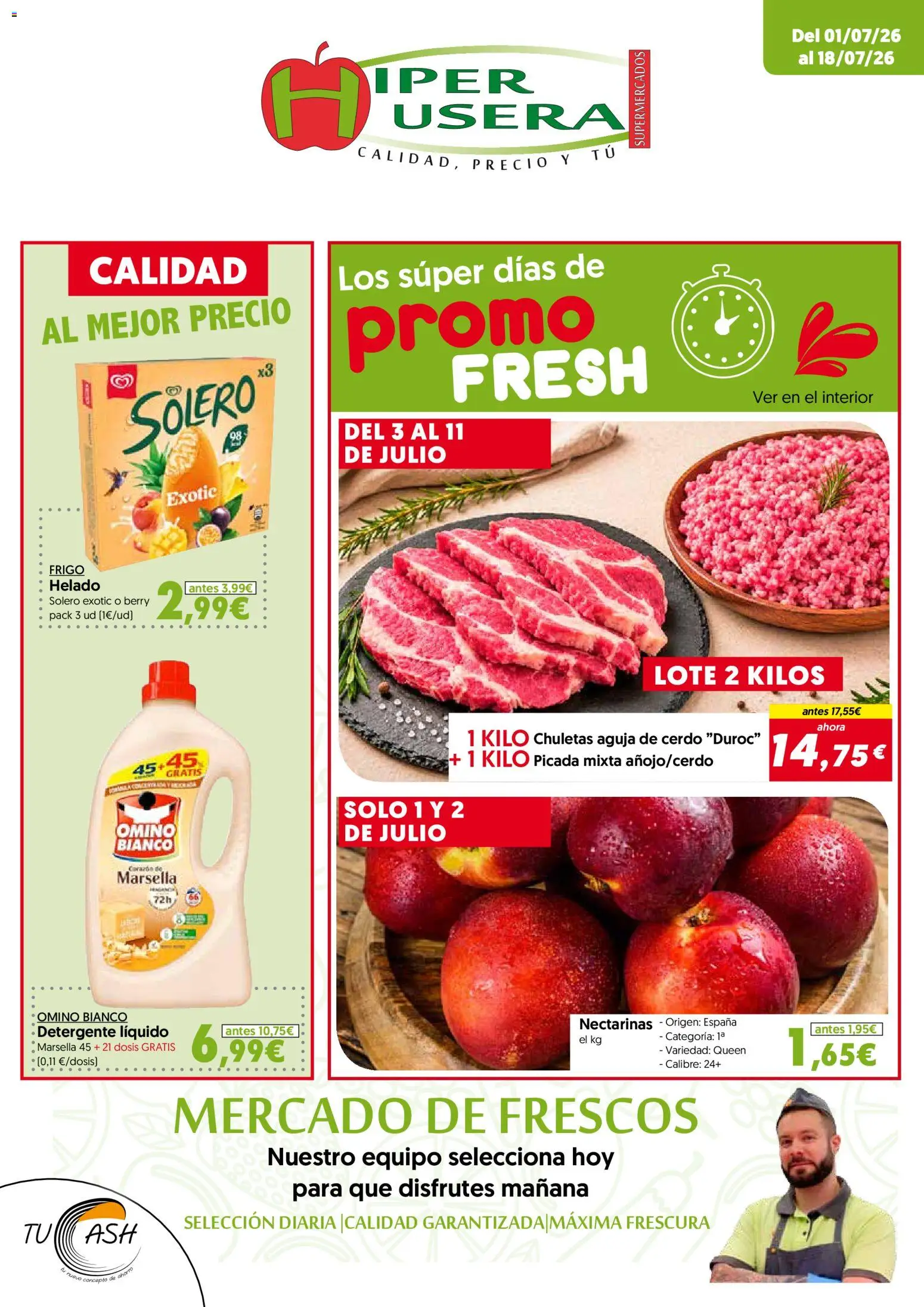 Vista previa del folleto de la tienda Hiper Usera válido desde el 01/07/2026 - Helado, Cerdo, Nectarinas, Detergente, Detergente líquido