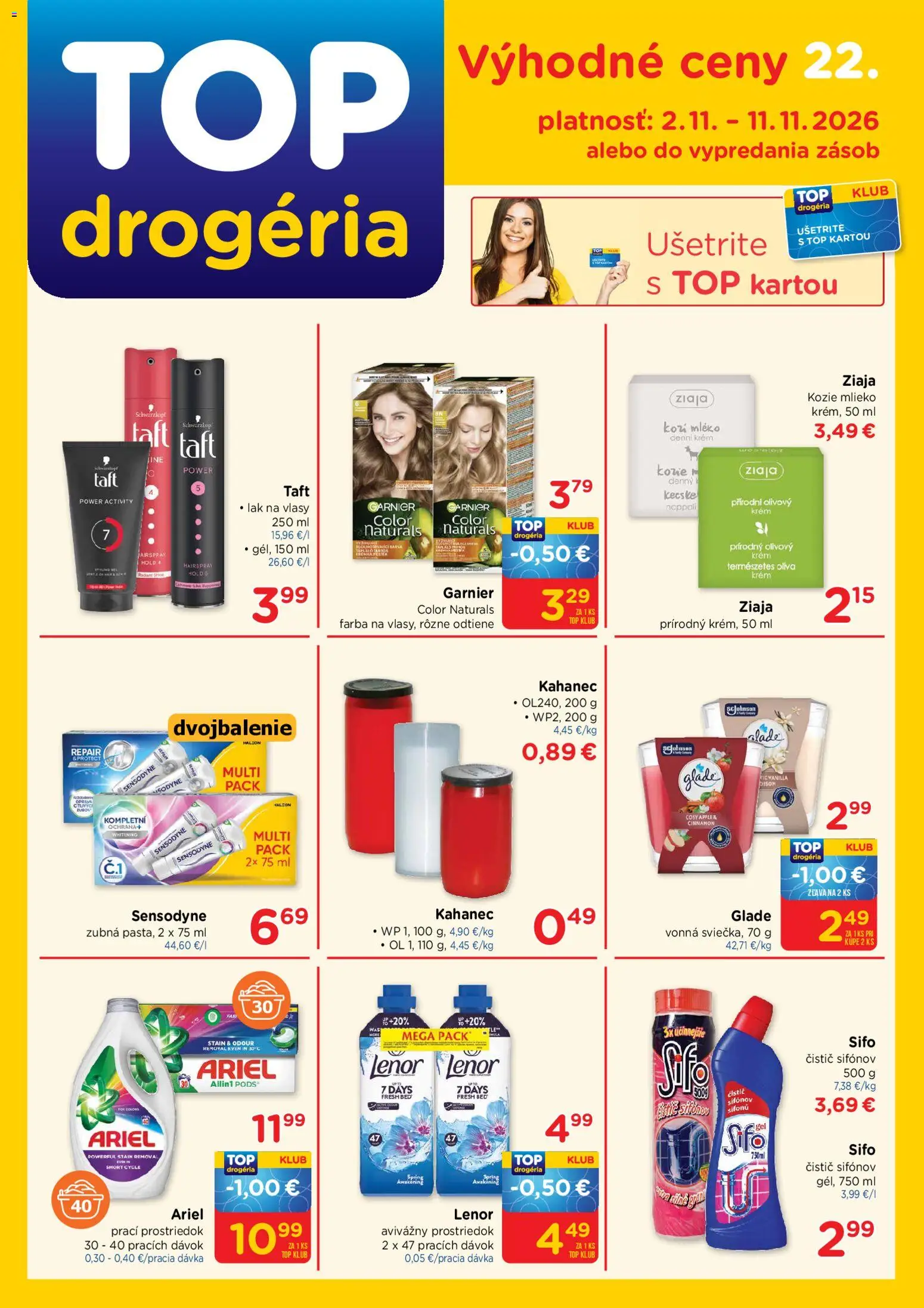 Náhľad TOP Drogéria letáku platného od 02.11.2026 - Mlieko, Ariel, Lenor, Lak na vlasy, Krém