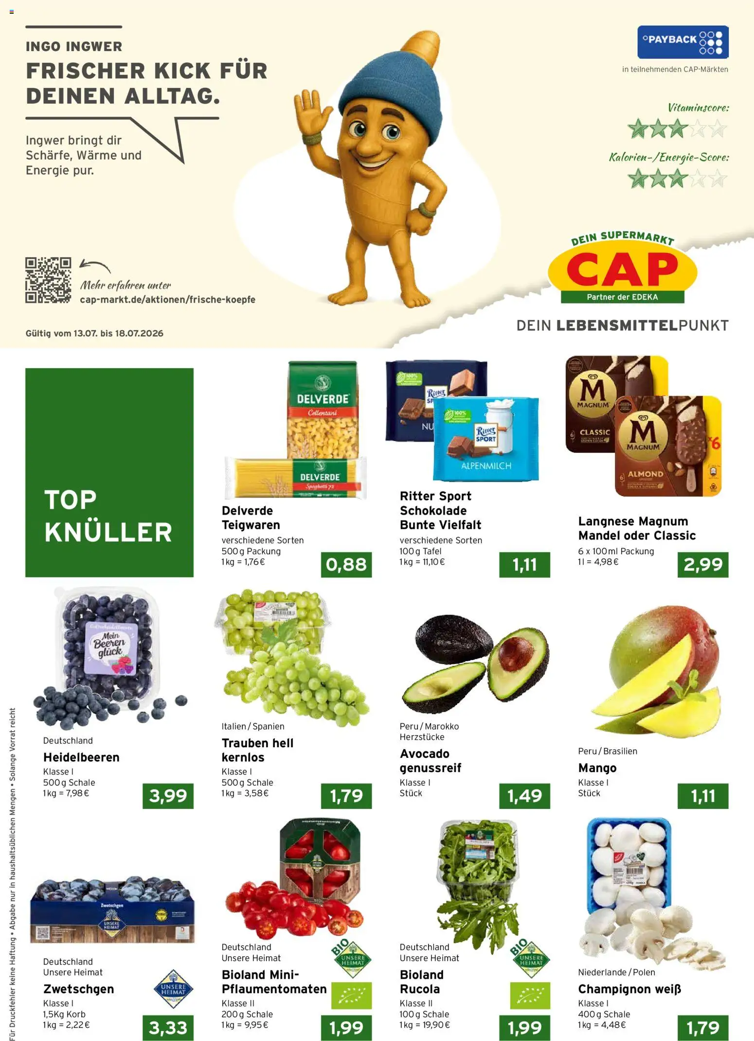 Vorschau von dem Prospekt des Geschäftes CAP Markt, gültig ab dem 13.07.2026 - Mango, Schokolade, Avocado, Rucola, Ritter sport, Heidelbeeren, Korb, Langnese
