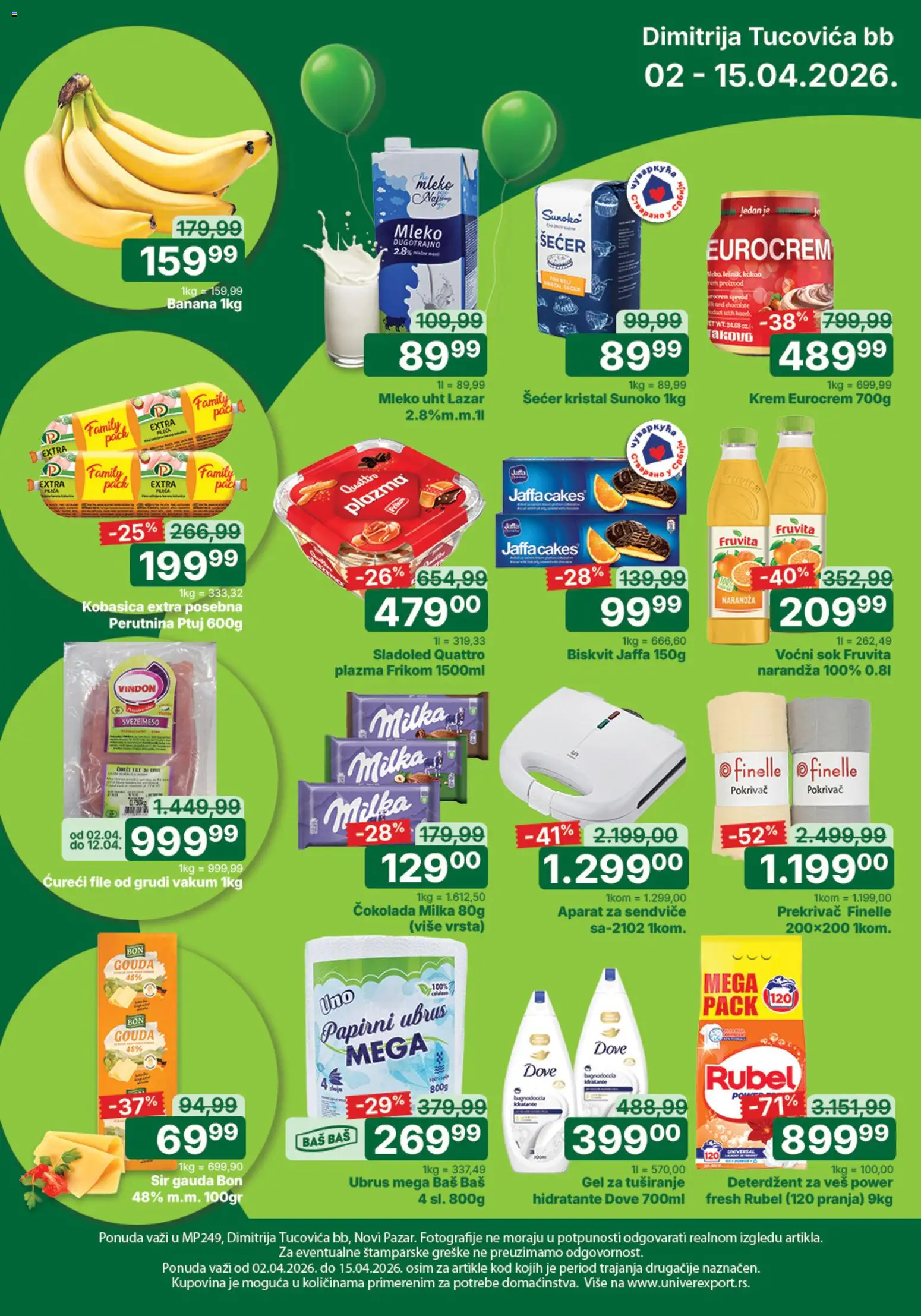 Pregled Univerexport kataloga - važi od 02.04.2026 - Sladoled, Banana, Šećer, Mleko, Meso, Kobasica, Gel za tuširanje, Plazma