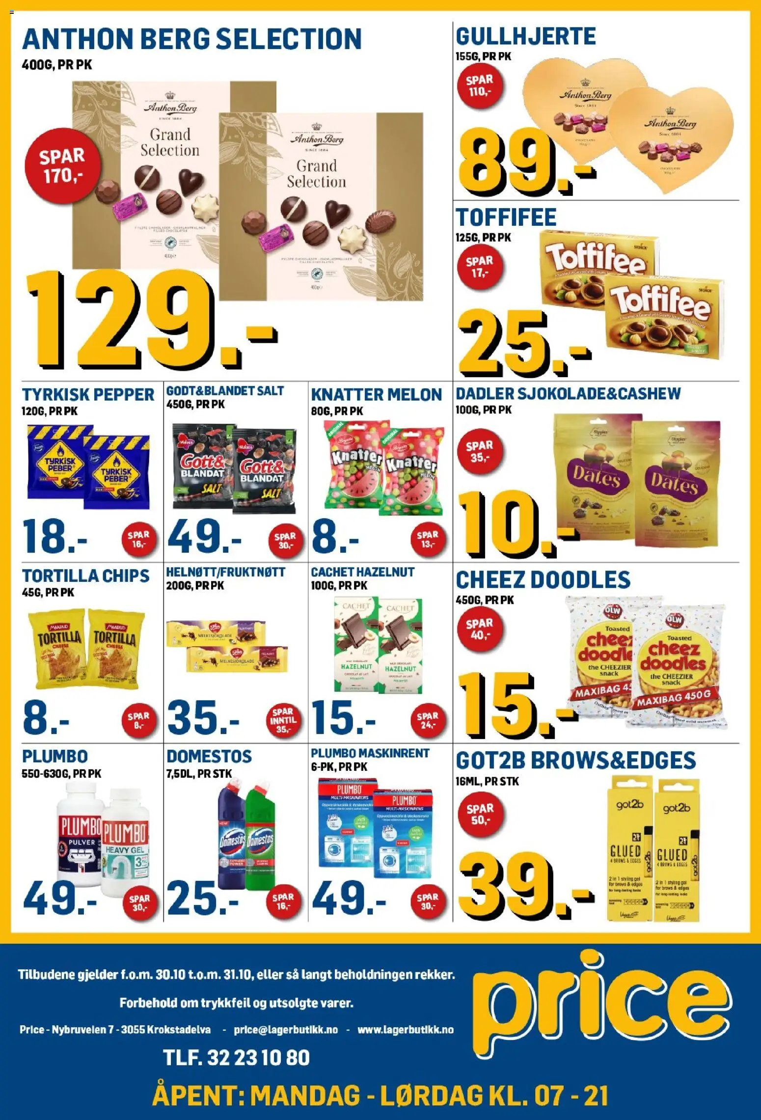 Forhåndsvis Price Lagerbutikk kundeavis fra butikk Price Lagerbutikk gyldig fra 30/10/2026 - Chips, Tortilla chips, Melon, 1, Dadler, Tortilla, Salt, Plumbo