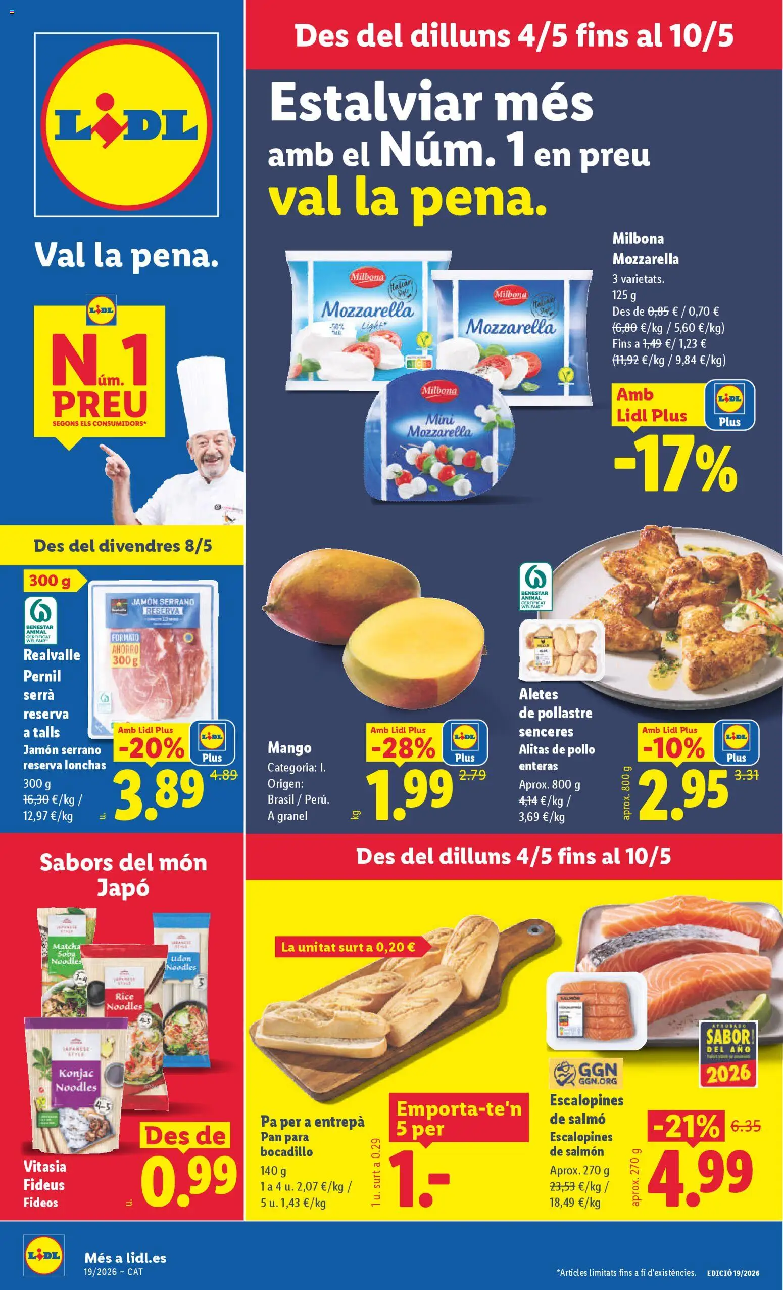 Vista previa del folleto de la tienda Lidl válido desde el 04/05/2026 - Mango, Jamón, Pan, Jamón serrano, Alitas de pollo, Fideos, Salmón, Pollo