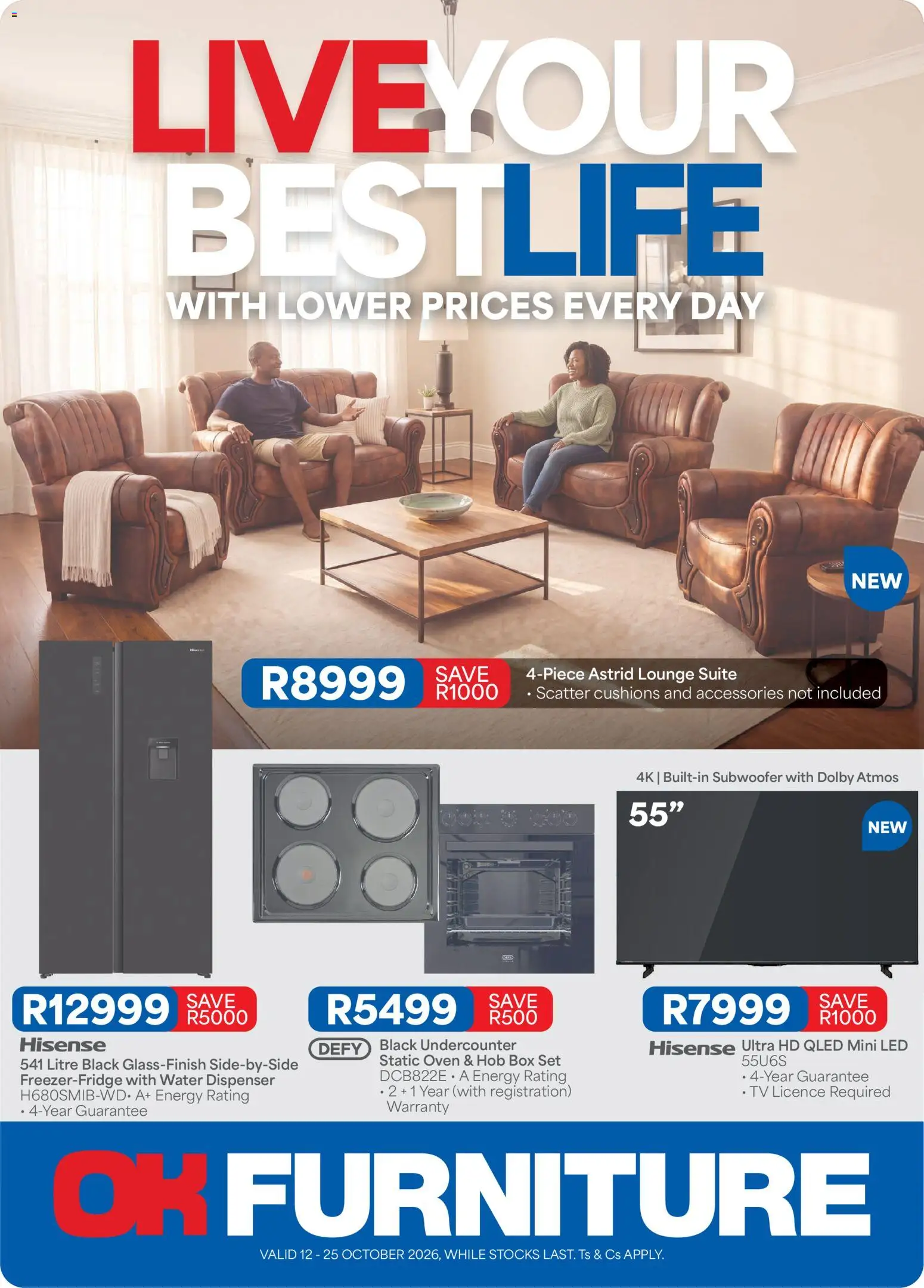 Preview of OK Furniture flyer valid from 12/10/2026 - Water, TV, Lounge suite, Box, Oven, Subwoofer, Hob