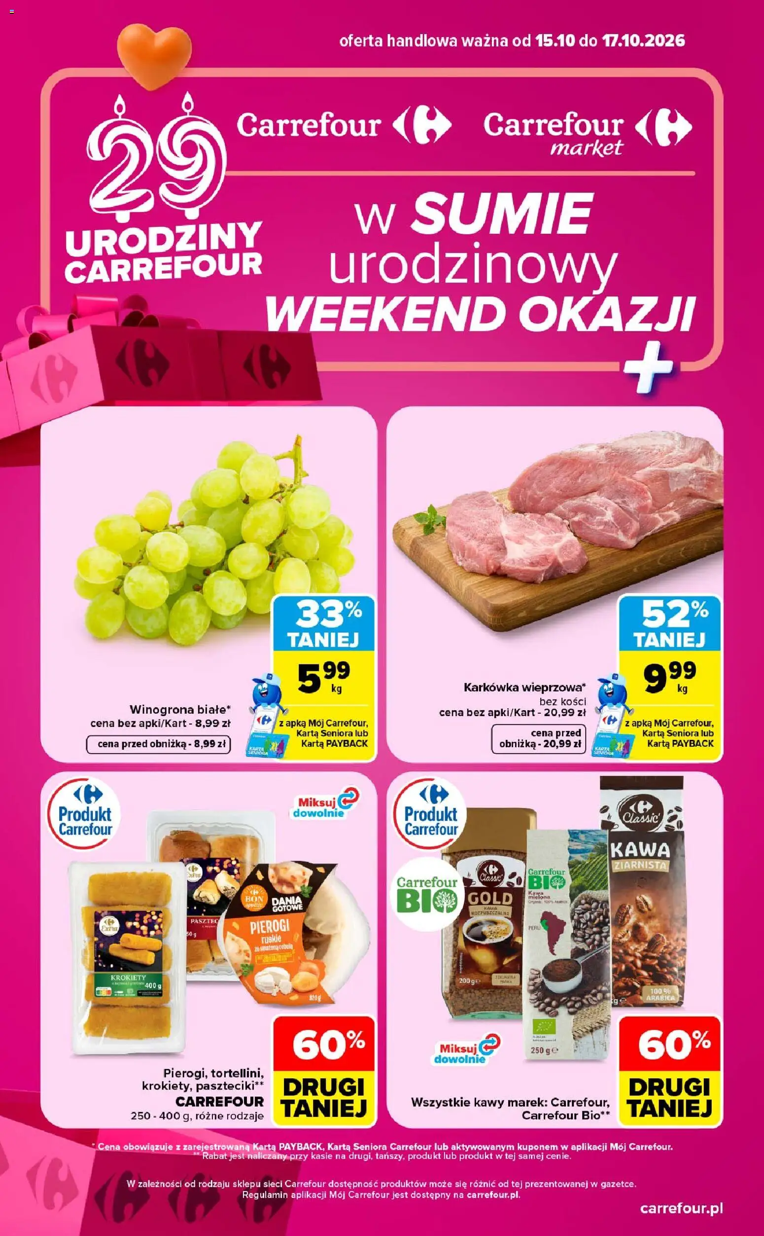 Pogląd gazetki "Carrefour gazetka - Weekend okazji" ze sklepu Carrefour ważnej od 15.10.2026 - Kawa, Pierogi, Kawa ziarnista, Krokiety, Karkówka, Cebula, Karta, Winogrona