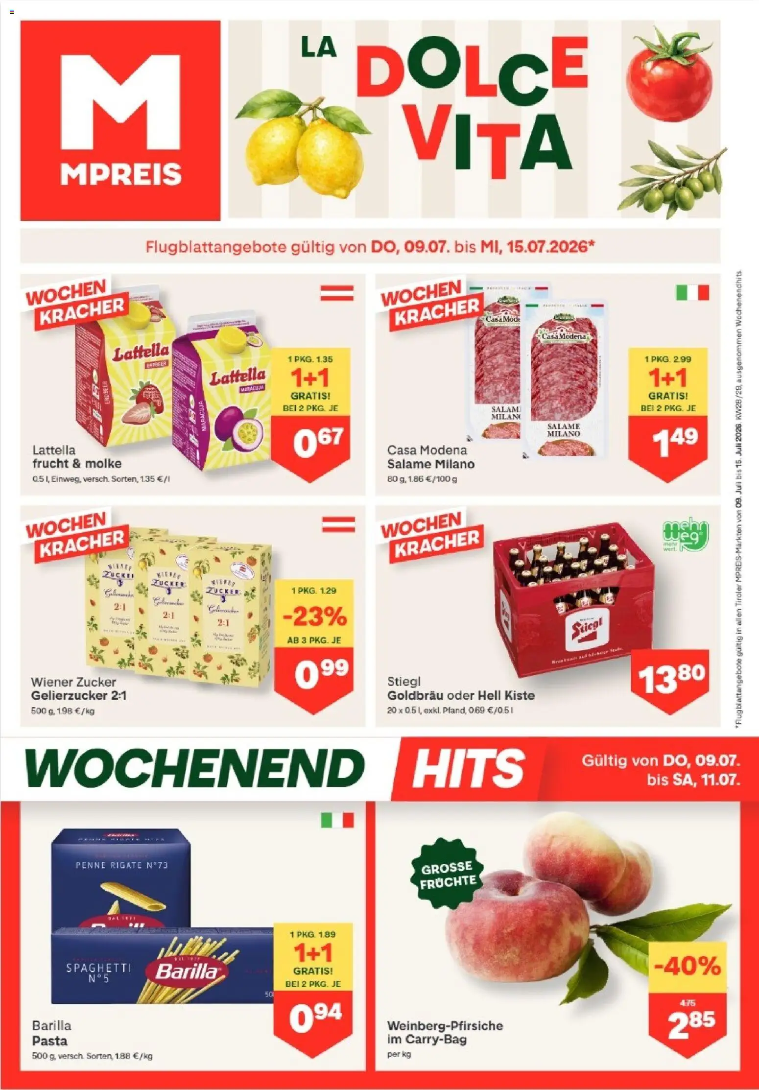 Vorschau der Angebote: MPREIS MPREIS Absam gültig ab 09.07.2026 - Pasta, Spaghetti, Zucker, Barilla, Salami, Gelierzucker