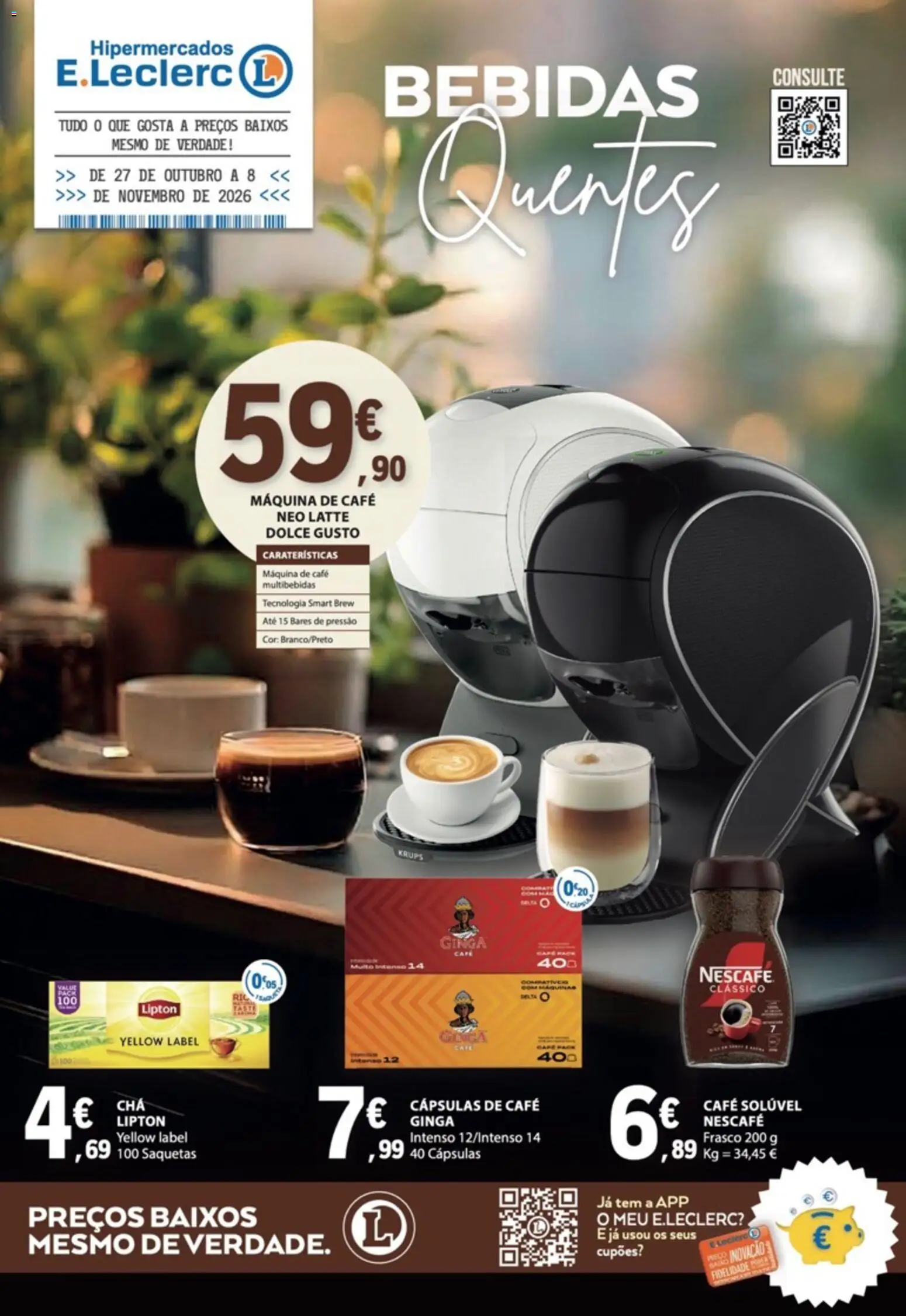 Pré-visualização do folheto da loja E.Leclerc válida a partir de 27/10/2026 - Café, Dolce gusto, Bebidas, Máquina de café, Cápsulas, Saquetas, Café solúvel