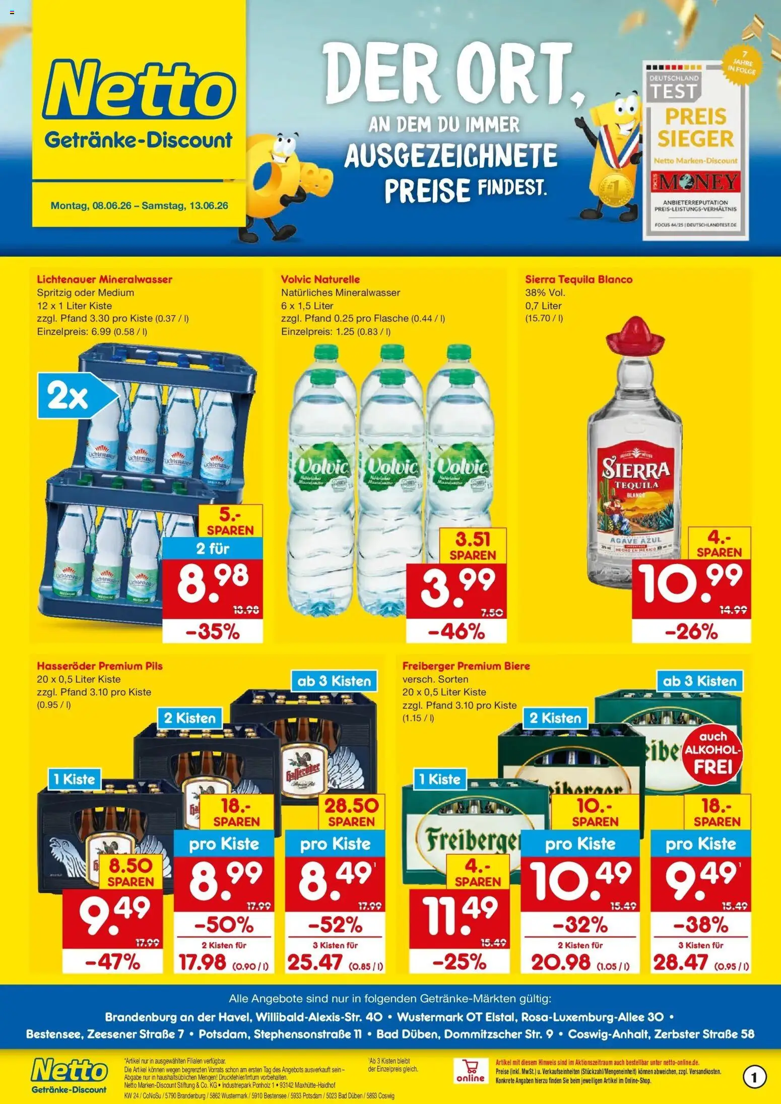 Vorschau von dem Prospekt des Geschäftes Netto Marken-Discount, gültig ab dem 08.06.2026 - Bad, Mineralwasser, Tequila, Volvic, Hasseröder, Pils