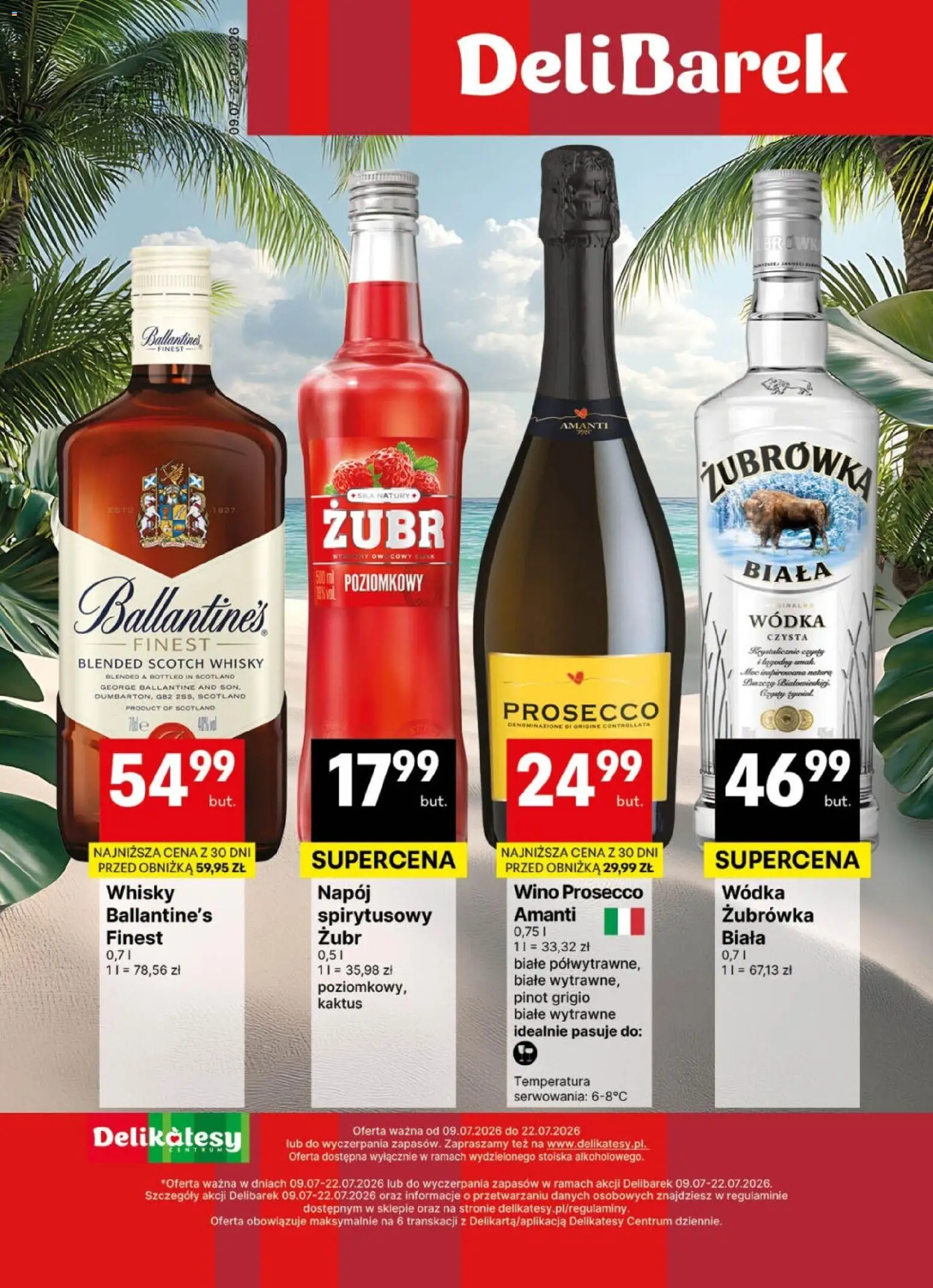 Pogląd gazetki "Delikatesy Centrum gazetka - DeliBarek" ze sklepu Delikatesy Centrum ważnej od 09.07.2026 - Delikatesy, Whisky, Prosecco, Ballantines, Wino, Wódka, Pinot Grigio, Scotch whisky
