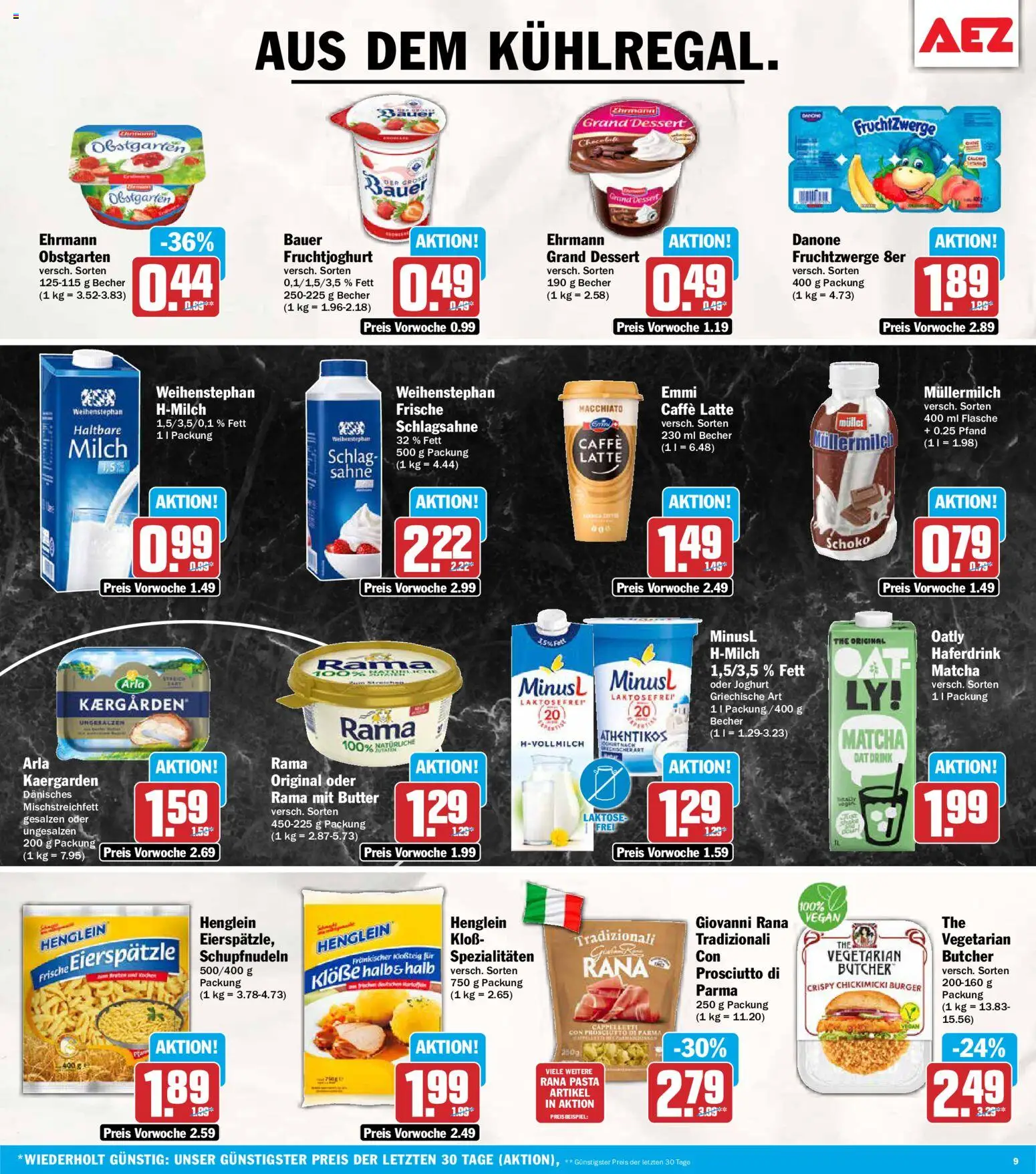 Vorschau von dem Prospekt des Geschäftes AEZ, gültig ab dem 02.11.2026 - Burger, Pasta, Joghurt, Milch, Schlagsahne, Sahne, Müllermilch, Fruchtjoghurt