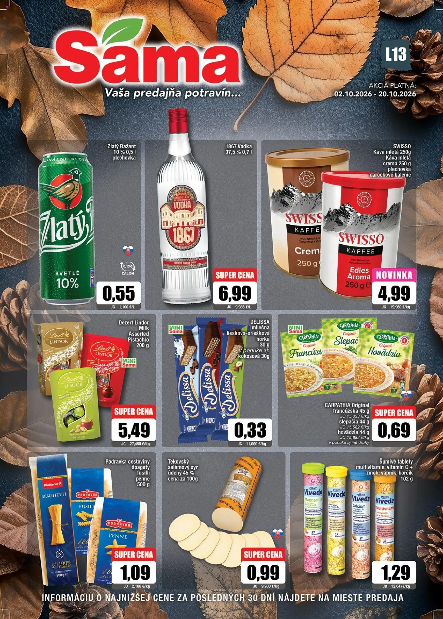 Náhľad Sama letáku platného od 02.10.2026 - Syr, Vodka, Špagety, Dezert, Fusilli, Penne, Kôš, Zlatý Bažant