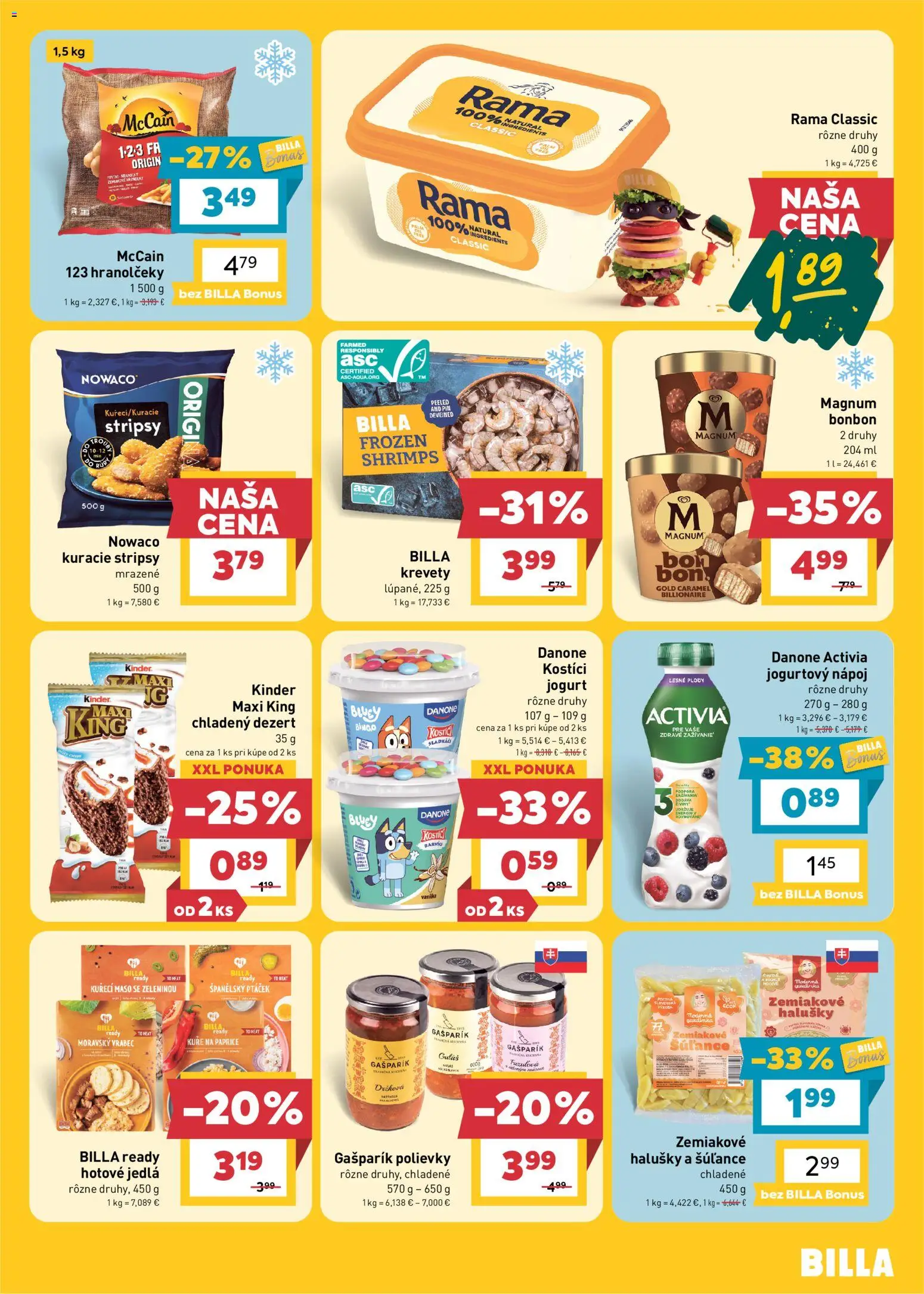 Náhľad Billa letáku platného od 28.10.2026 - Mäso, Gnocchi, Kinder, Kuracie stripsy, Jogurt, Vanilka, Stripsy, Lesné plody