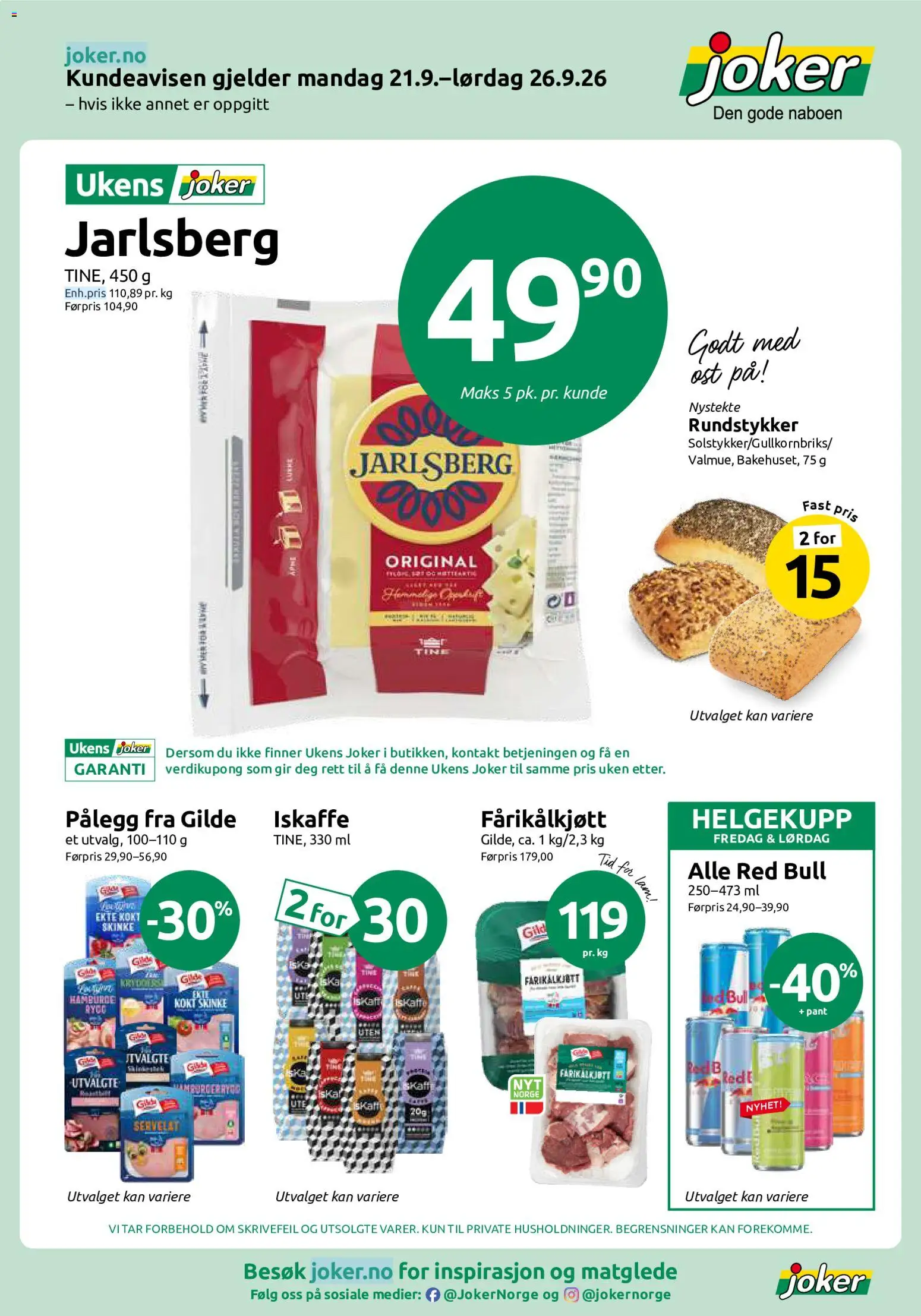 Forhåndsvis Joker kundeavis fra butikk Joker gyldig fra 21/09/2026 - Red bull, Ost, Skinke, Rundstykker, Kål, Is, Fårikålkjøtt, Iskaffe